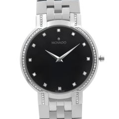 Movado Faceto Diamonds Stainless Steel Black Dial Quartz Mens Watch 0606237