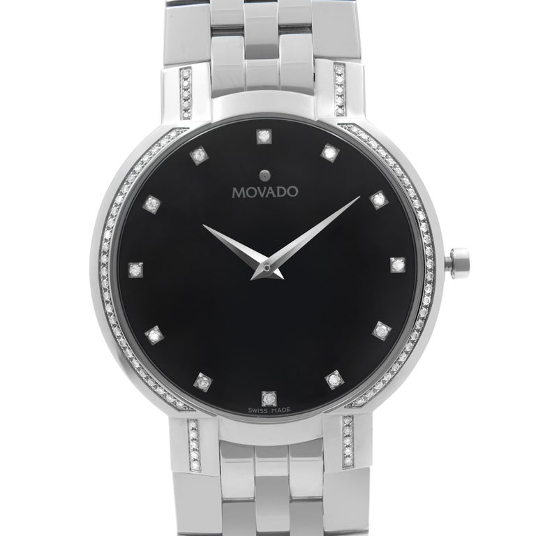 Movado Faceto Diamonds Stainless Steel Black Dial Quartz Mens Watch