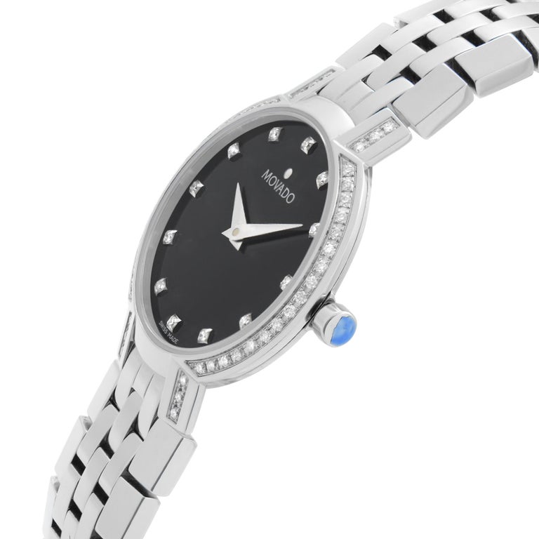 Movado Faceto Diamonds Stainless Steel Black Dial Quartz Ladies Watch 0605586 In New Condition For Sale In New York, NY