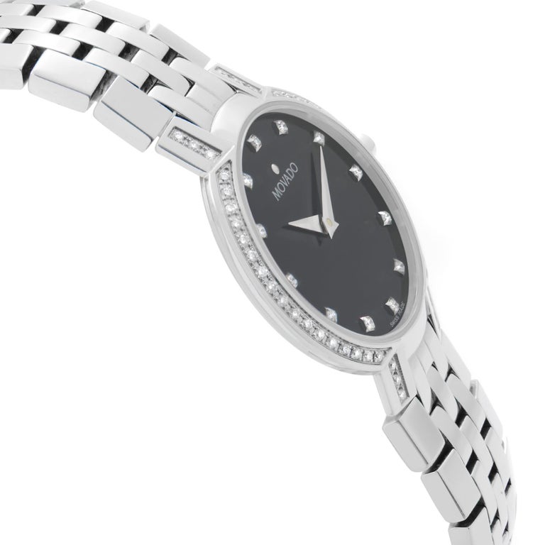 Women's Movado Faceto Diamonds Stainless Steel Black Dial Quartz Ladies Watch 0605586 For Sale