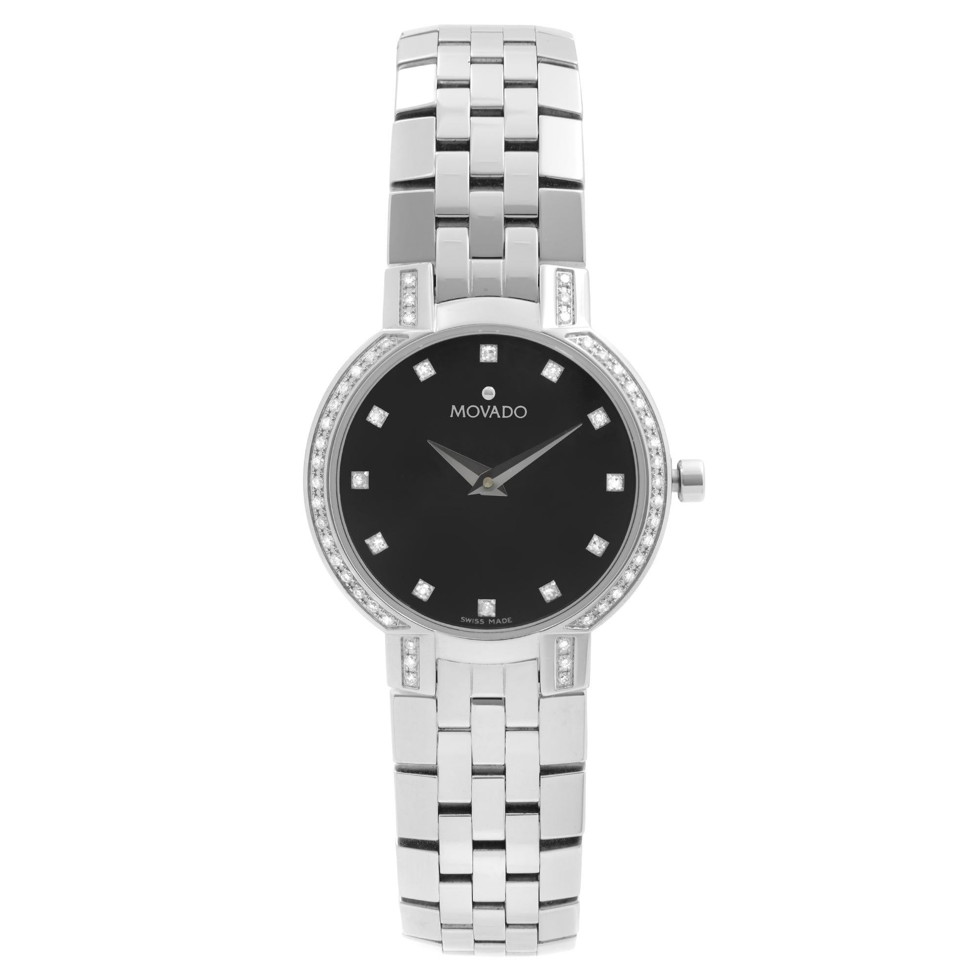Movado Faceto Diamonds Stainless Steel Black Dial Quartz Ladies Watch 0605586