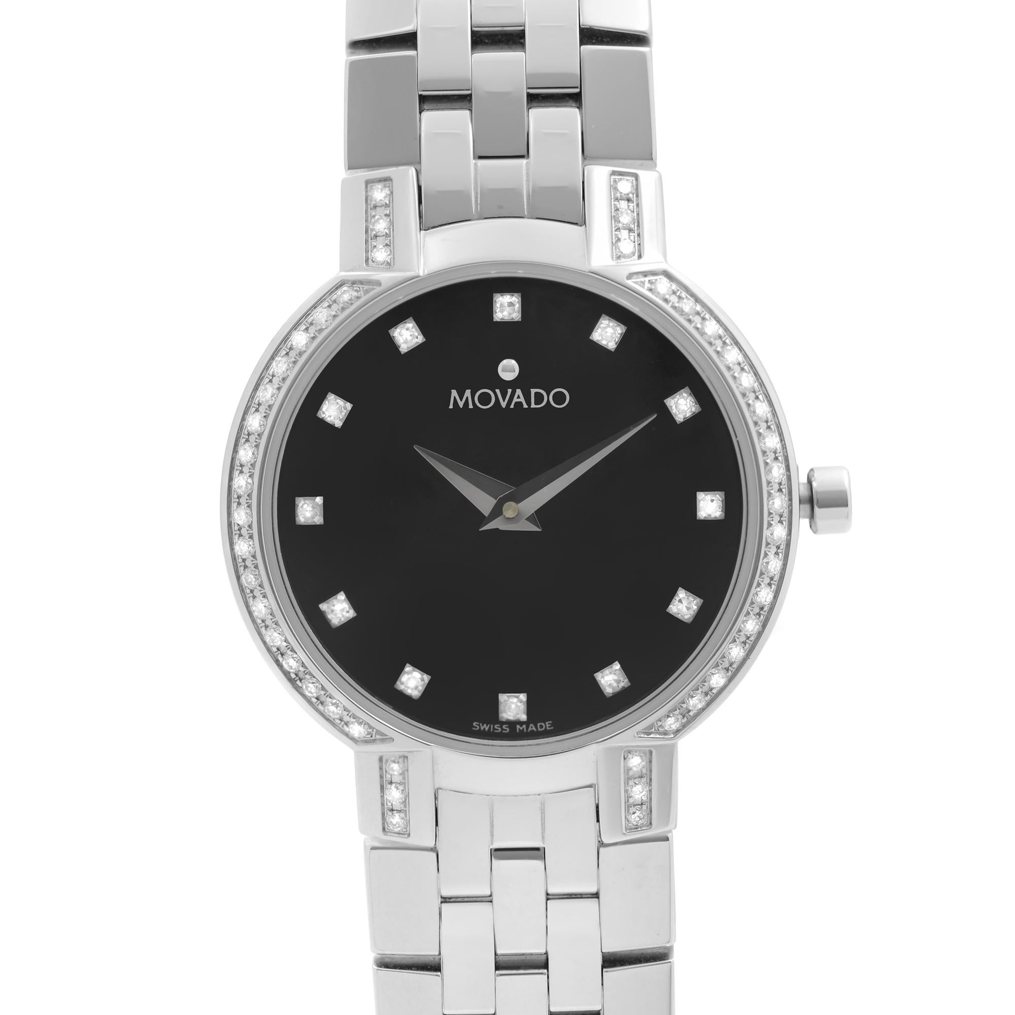 Store Display Model Movado Faceto Diamonds Stainless Steel Black Dial Quartz Ladies Watch 0605586. The Watch Has Insignificant Blemishes on the Case Back Due to Store Handling. This Beautiful Timepiece Features: Stainless Steel Case and Bracelet,