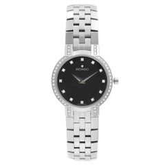 Movado Faceto Steel Diamond Bezel Black Dial Quartz Ladies Watch 0605586