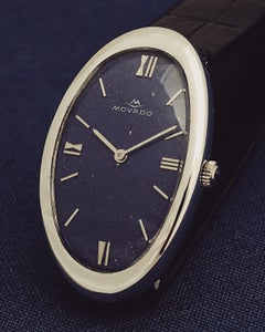 Movado for Bulgari, Baignoire Allongée, 18K White Gold Painted Lapis Lazuli Dial