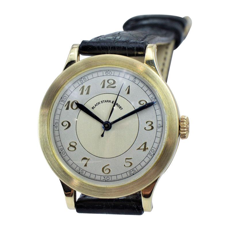 FACTORY / HOUSE: Black Starr & Frost by Movado Watch Company
STYLE / REFERENCE: Art Deco / Calatrava Style
METAL / MATERIAL: 14kt Solid Yellow Gold 
CIRCA / YEAR: 1940's
DIMENSIONS / SIZE: Length 38mm X Diameter 32mm
MOVEMENT / CALIBER: Manual