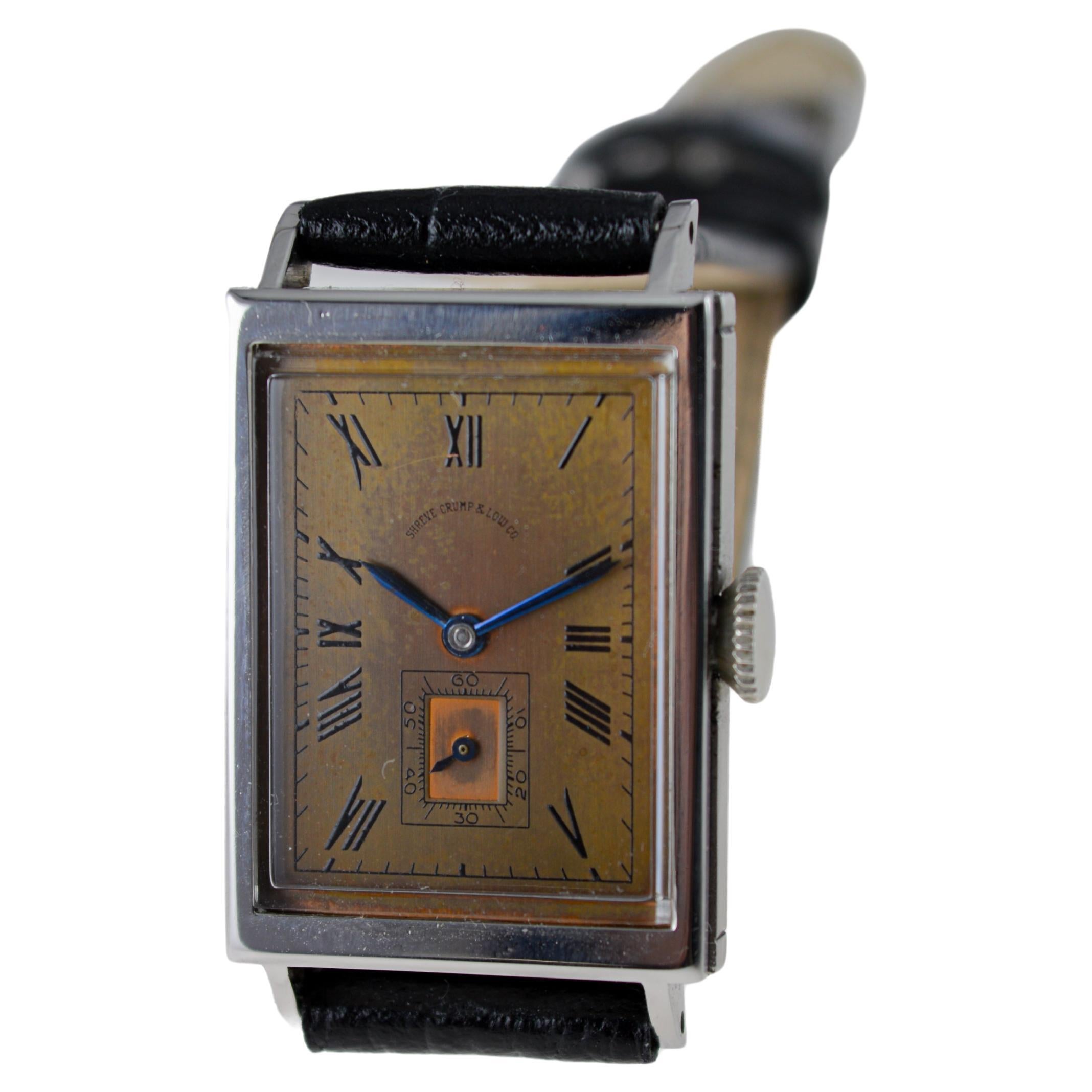 Movado for Shreve Crump & Low Co. Stainless Steel Art Deco Tank Style 1940's For Sale 4