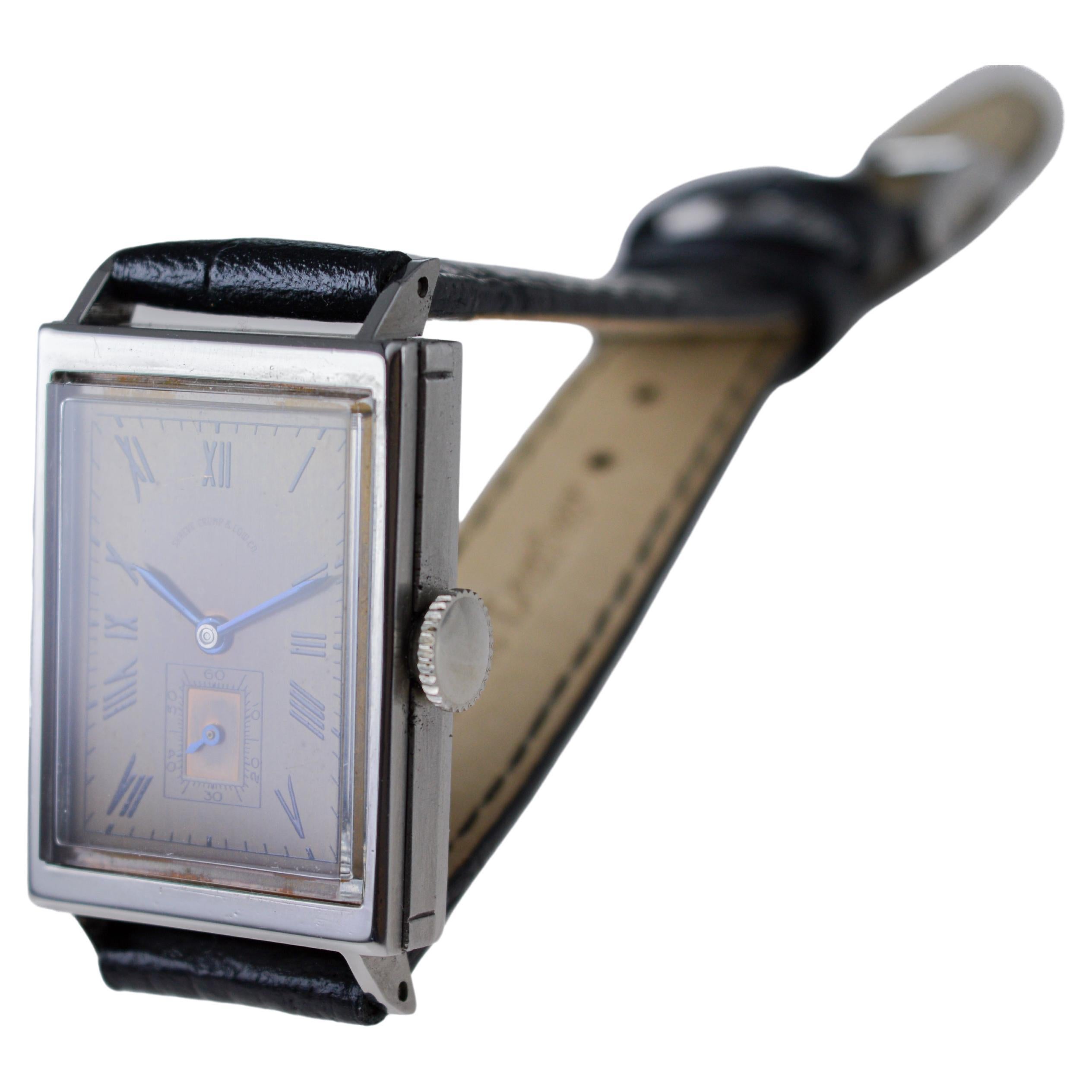 Movado for Shreve Crump & Low Co. Stainless Steel Art Deco Tank Style 1940's For Sale 5