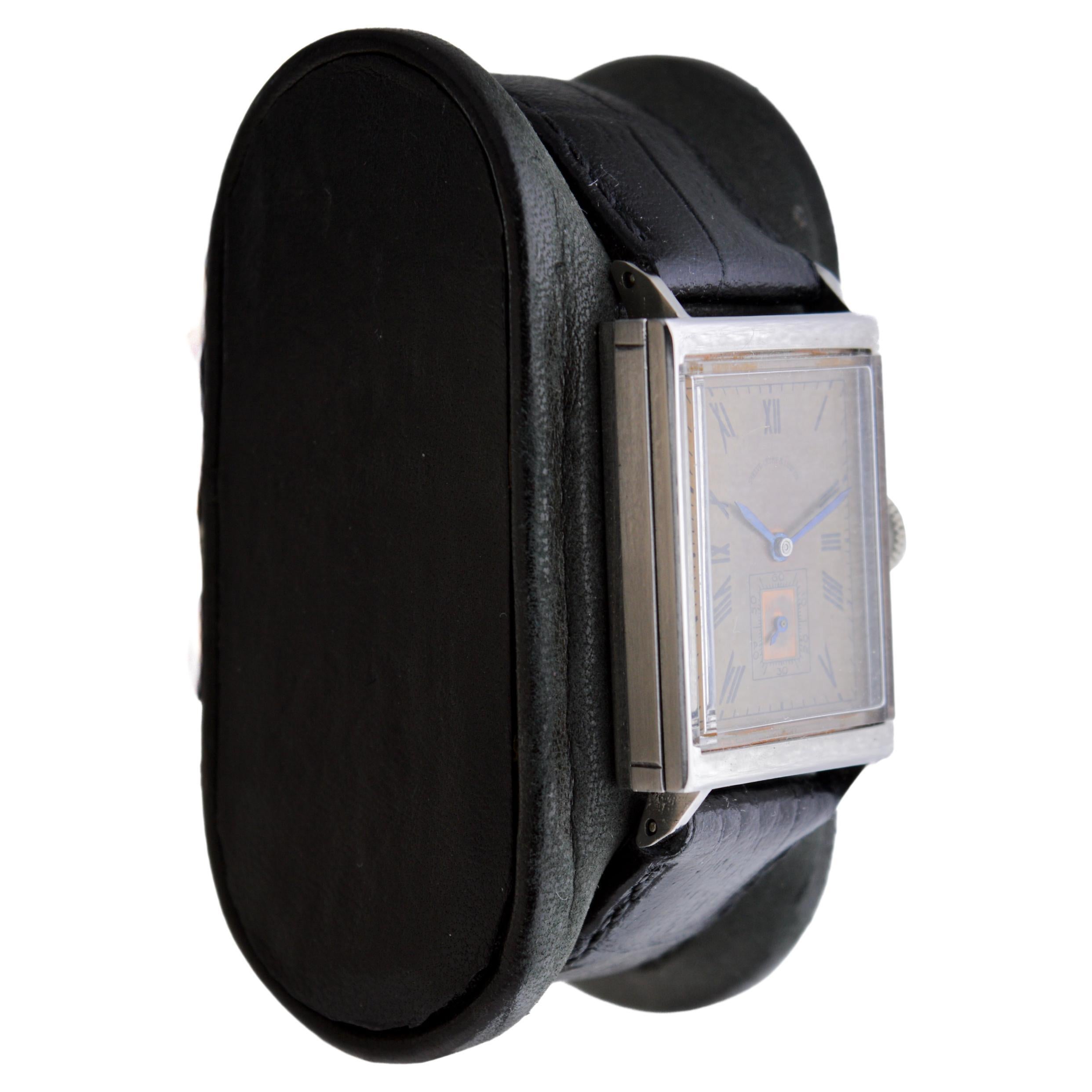 FACTORY / HOUSE:  Movado Watch Company for Shreve Grump and Low
STYLE / REFERENCE: Art Deco / Tank Style 
METAL / MATERIAL: Stainless Steel
CIRCA / YEAR: 1930's
DIMENSIONS / SIZE: Length 38mm X Width 23mm
MOVEMENT / CALIBER: Manual Winding / 17