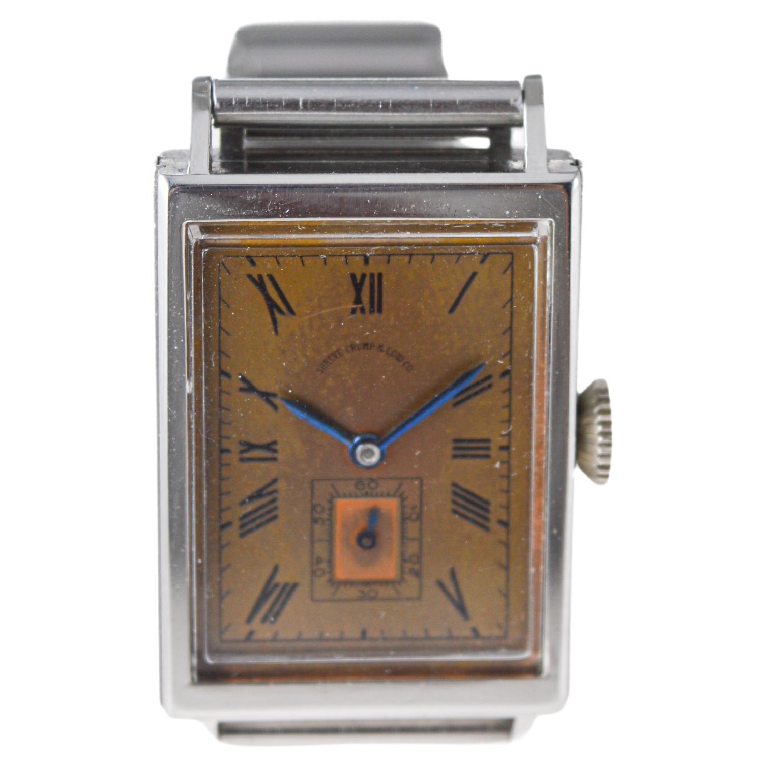 Movado for Shreve Crump & Low Co. Stainless Steel Art Deco Tank Style 1940's For Sale 3