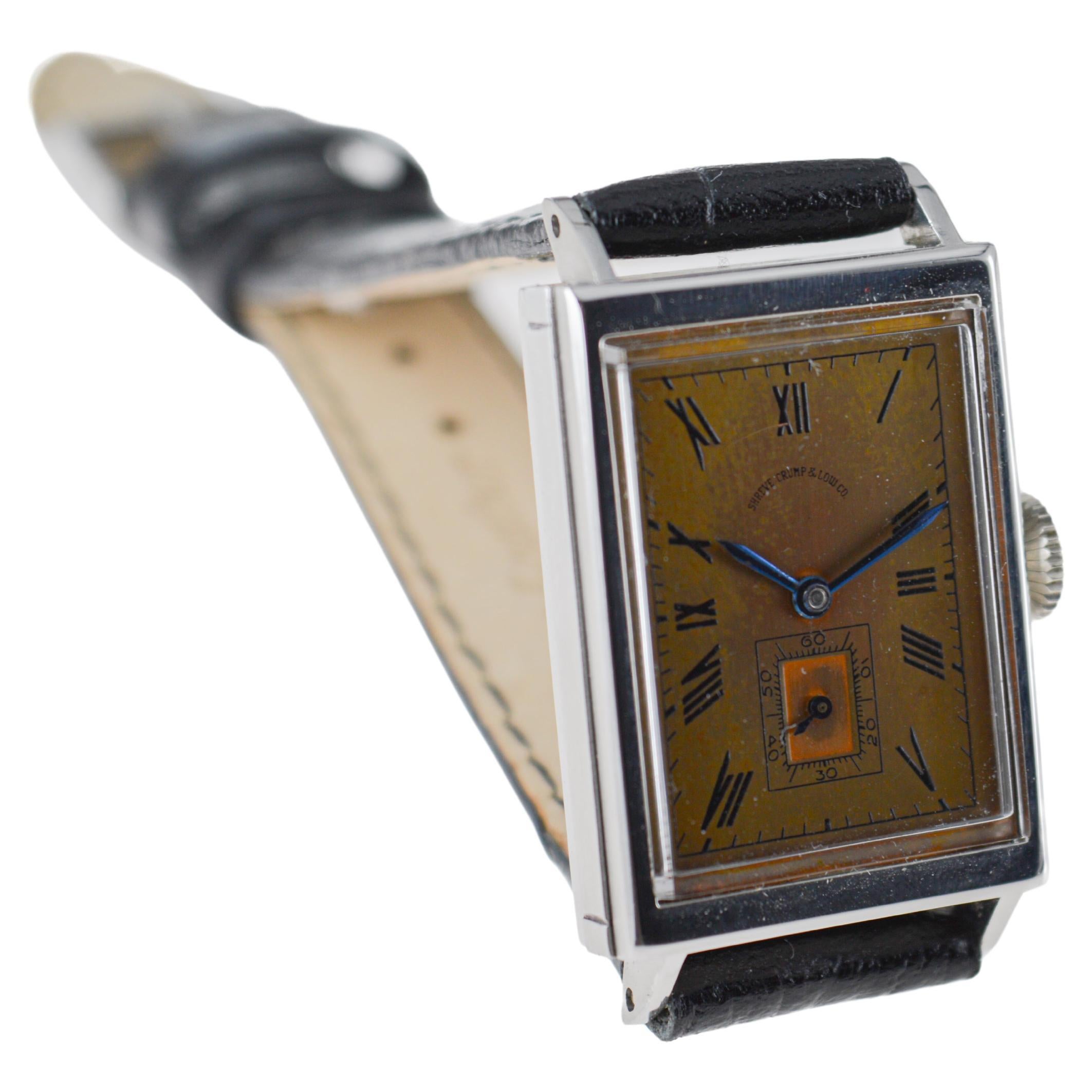 Movado for Shreve Crump & Low Co. Stainless Steel Art Deco Tank Style 1940's For Sale 2