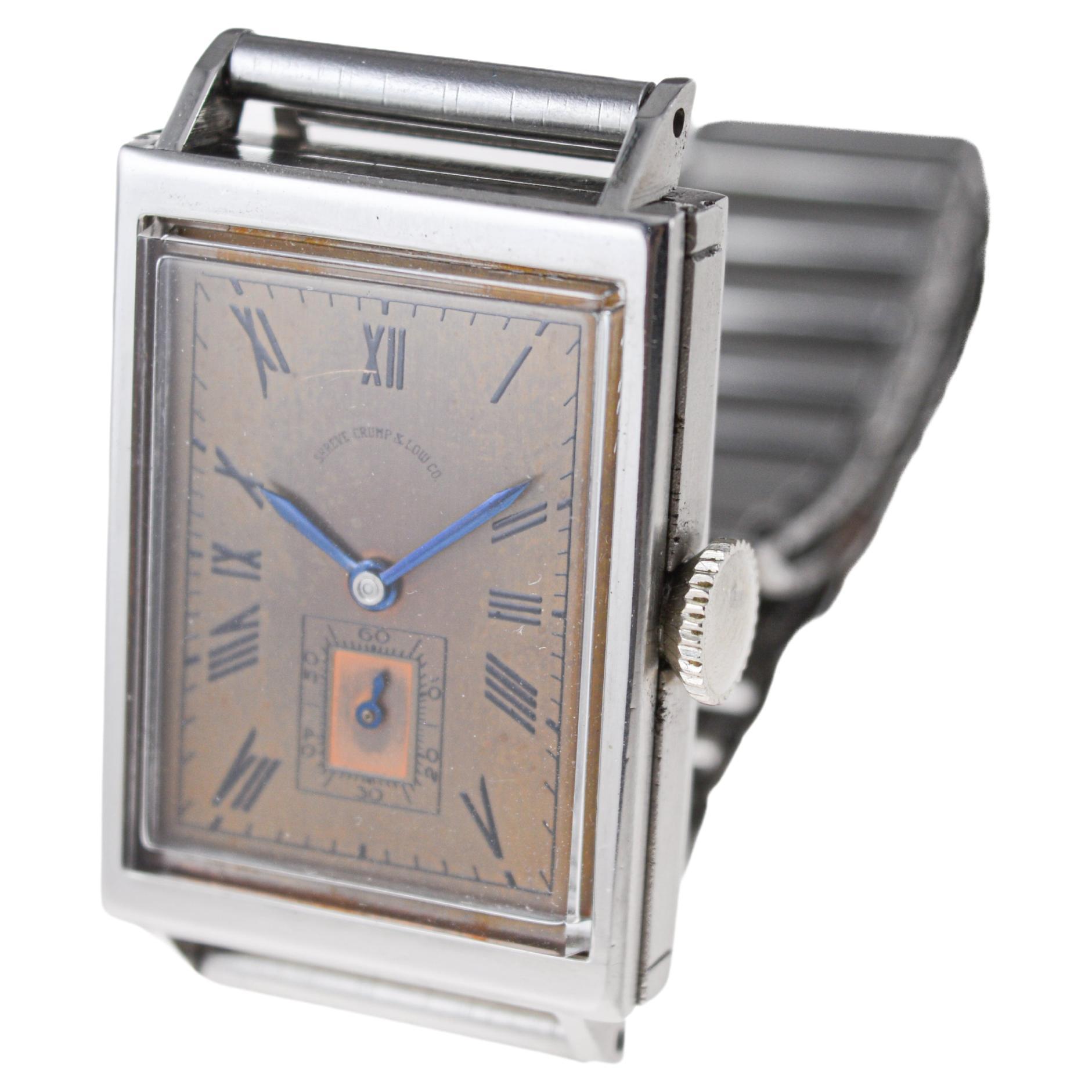 Movado for Shreve Crump & Low Co. Stainless Steel Art Deco Tank Style 1940's For Sale 4