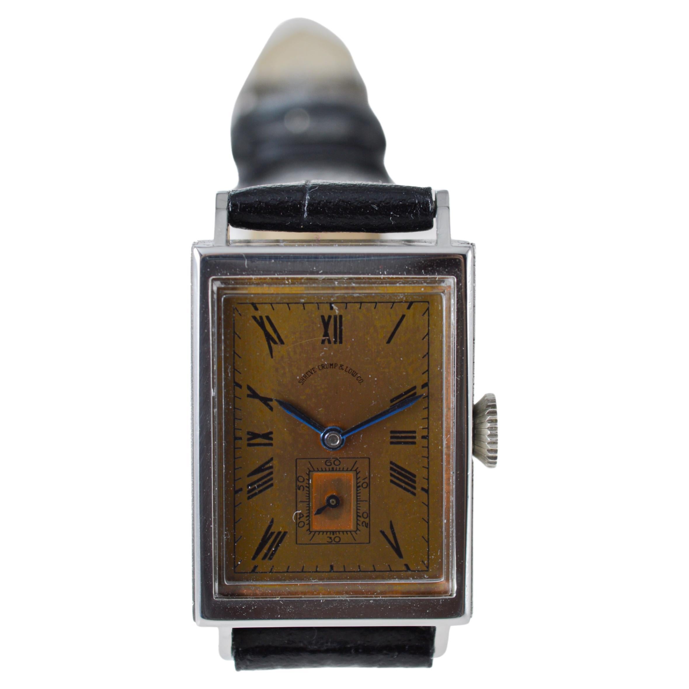 Movado for Shreve Crump & Low Co. Stainless Steel Art Deco Tank Style 1940's For Sale 3