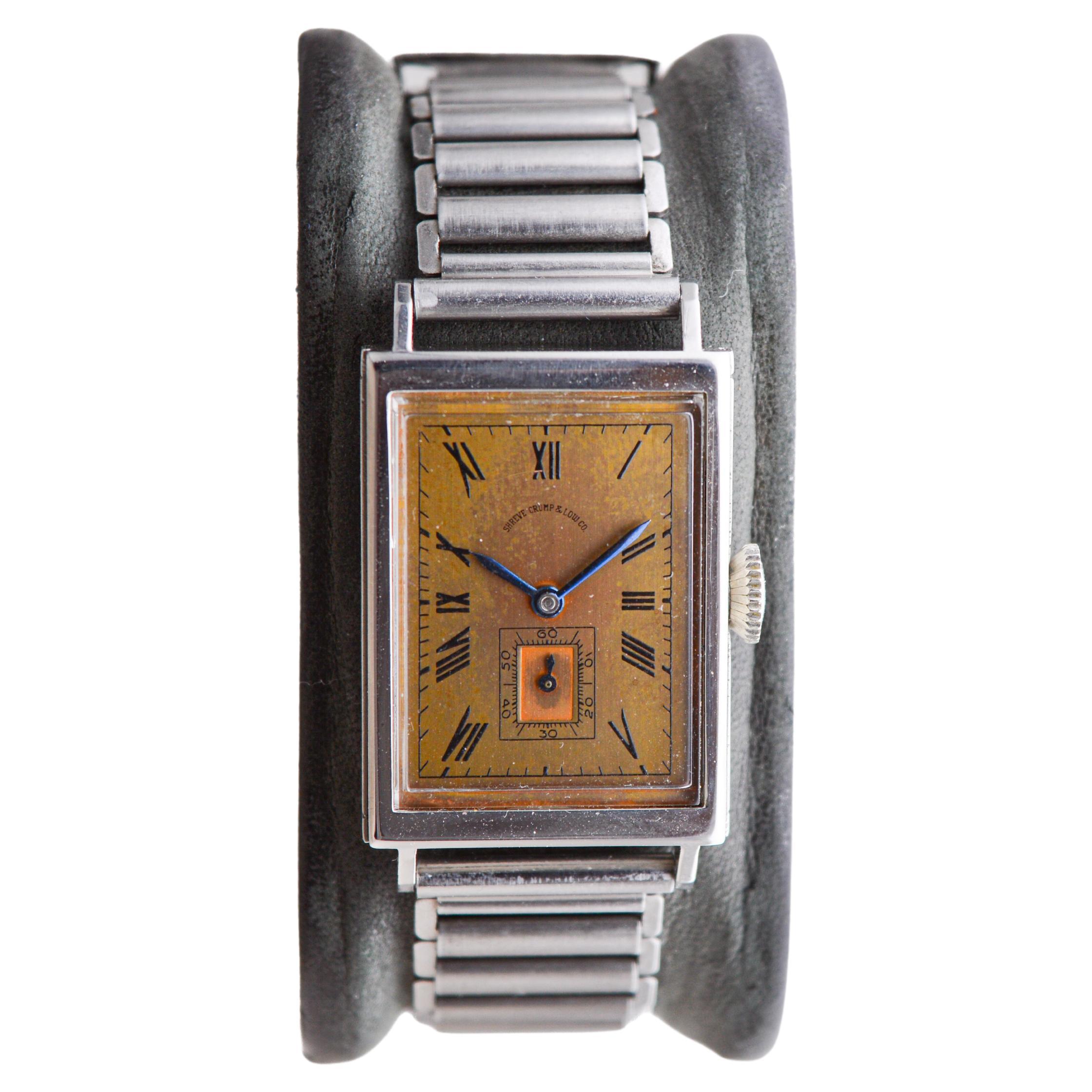Movado for Shreve Crump & Low Co. Stainless Steel Art Deco Tank Style 1940's For Sale