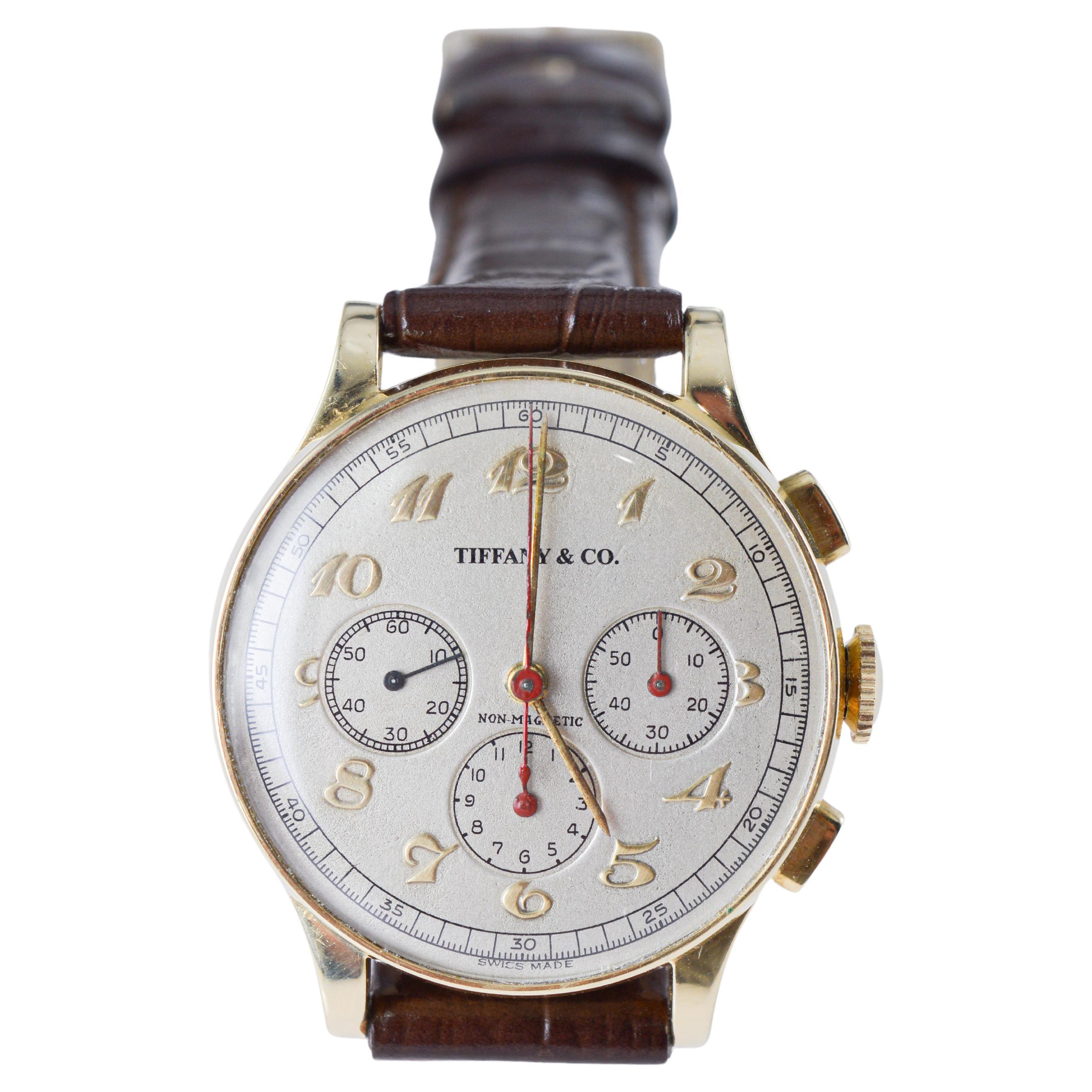 Movado for Tiffany & Co 14Kt Solid Gold Rare Chronograph circa 1930's For Sale 5