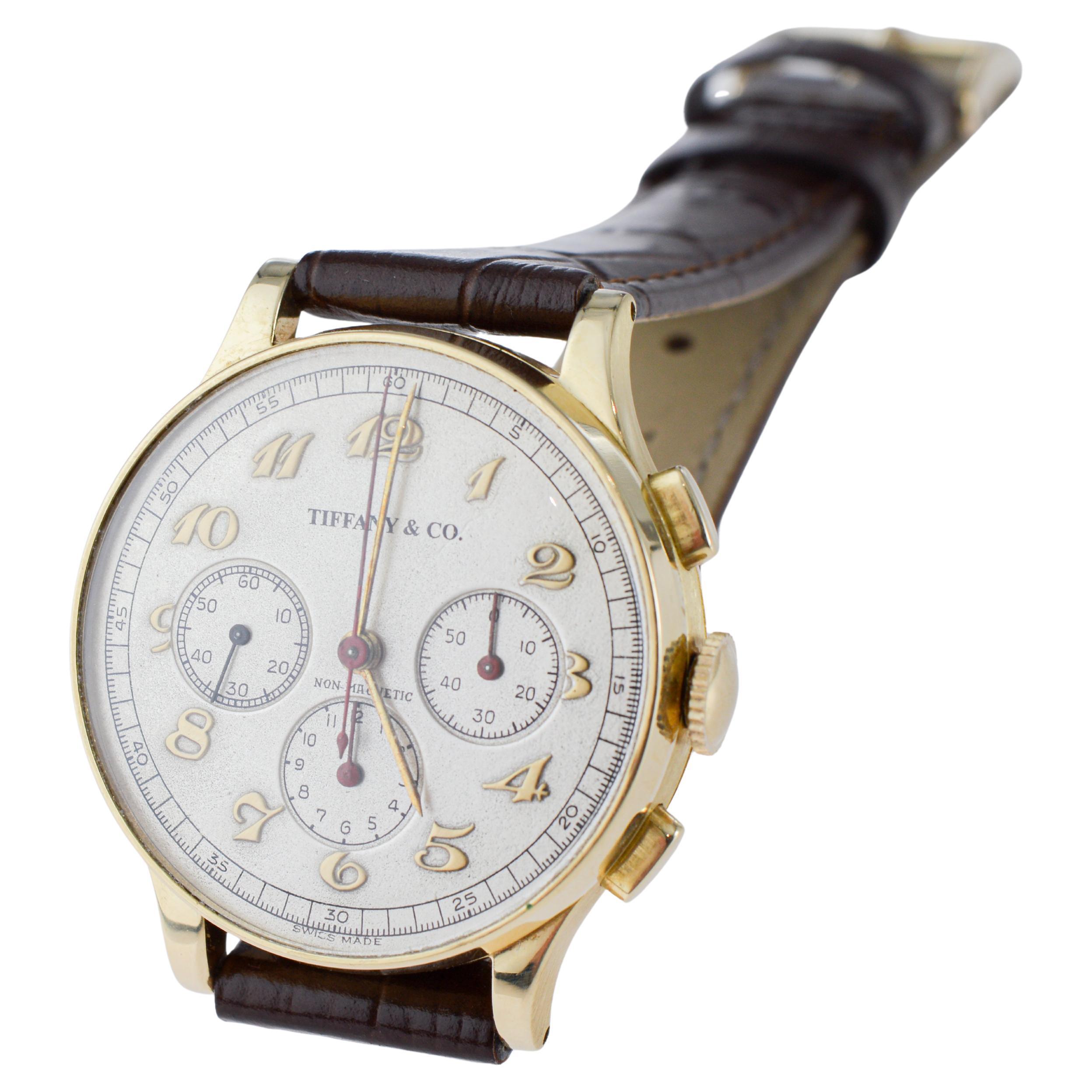 Movado for Tiffany & Co 14Kt Solid Gold Rare Chronograph circa 1930's For Sale 6