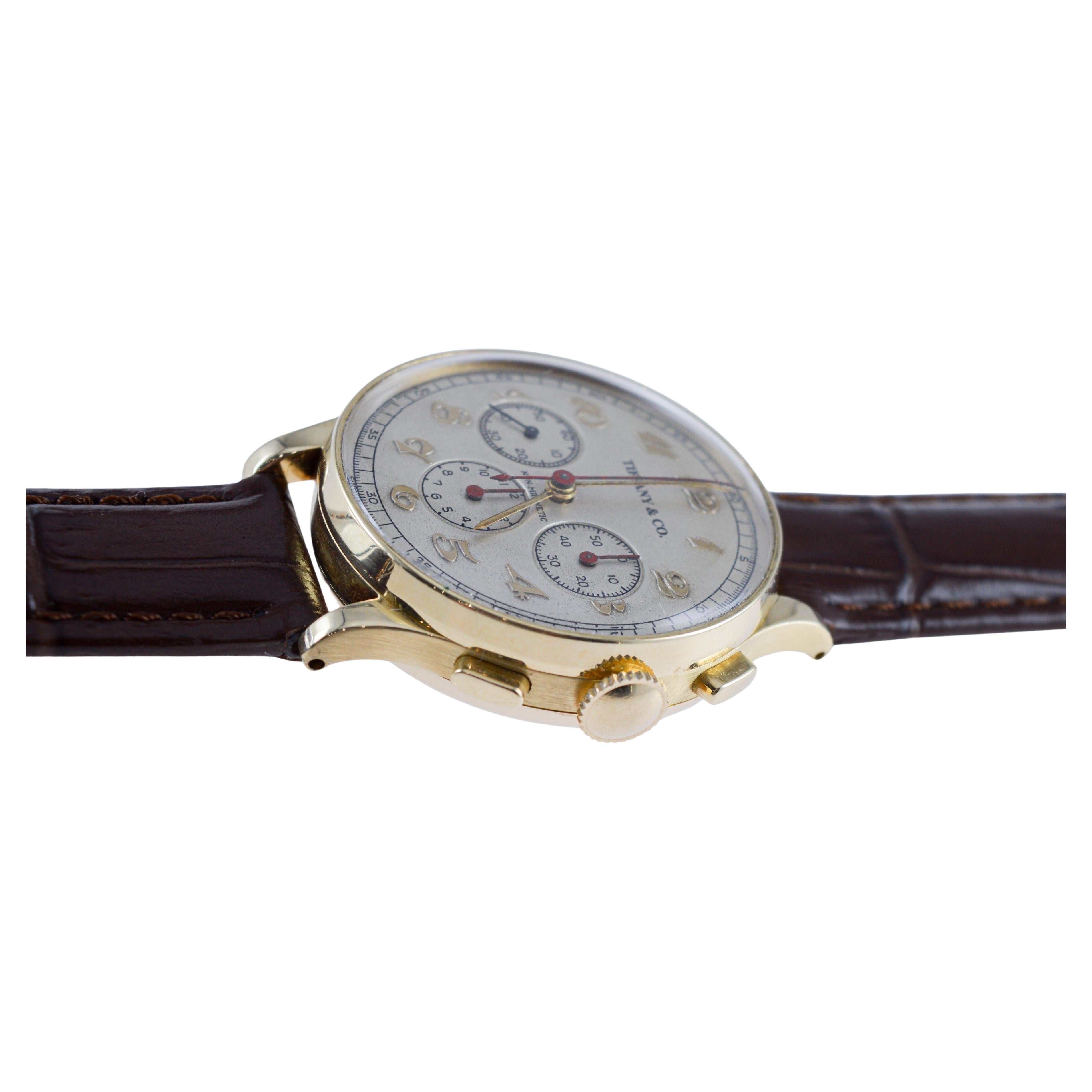 Movado for Tiffany & Co 14Kt Solid Gold Rare Chronograph circa 1930's For Sale 7