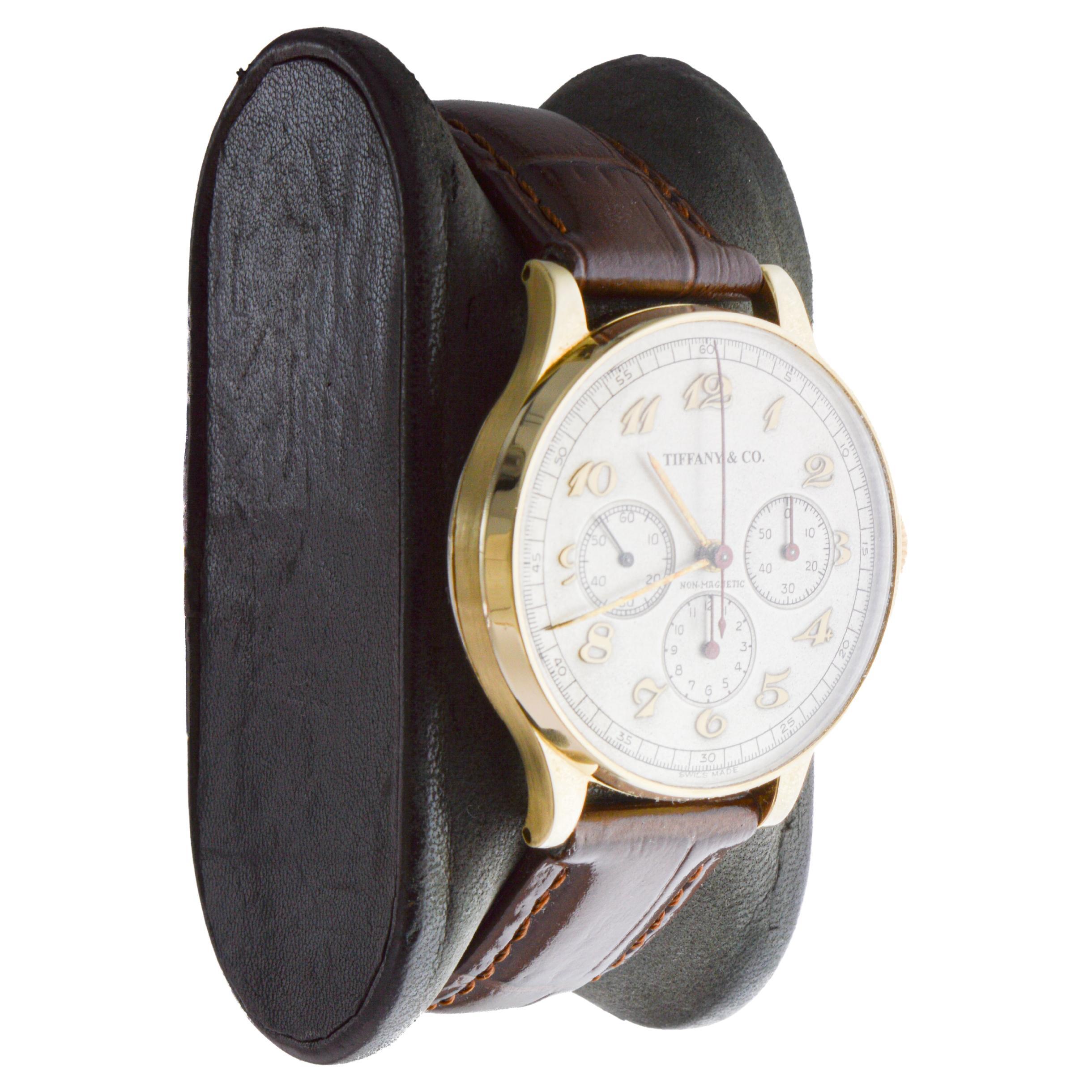 FACTORY / HOUSE: Movado for Tiffany & Co.
STYLE / REFERENCE: Chronograph / Reference 49020
METAL / MATERIAL: 14Kt Solid Gold
CIRCA / YEAR: 1930's
DIMENSIONS / SIZE: Length 37mm 