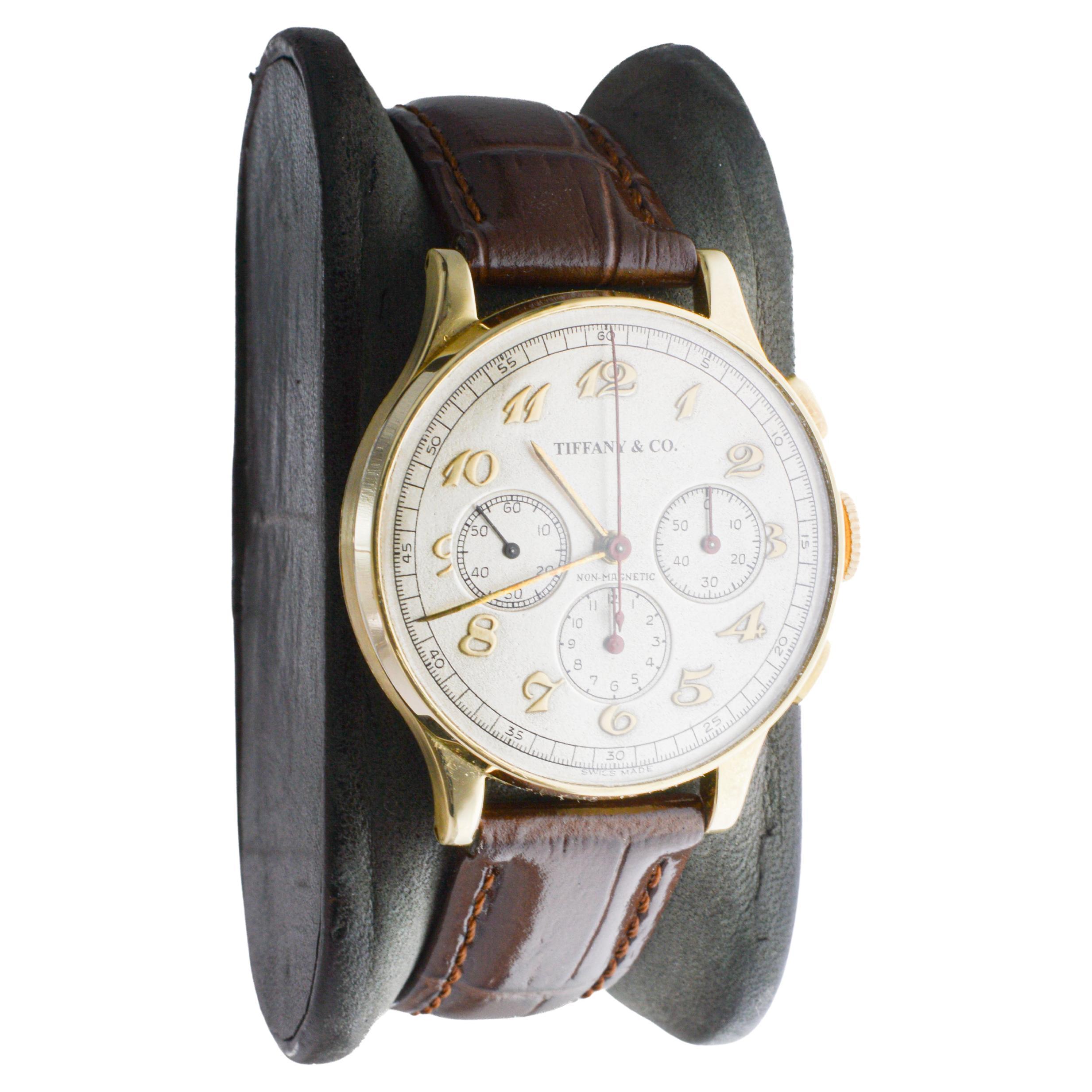 Art Deco Movado for Tiffany & Co 14Kt Solid Gold Rare Chronograph circa 1930's For Sale