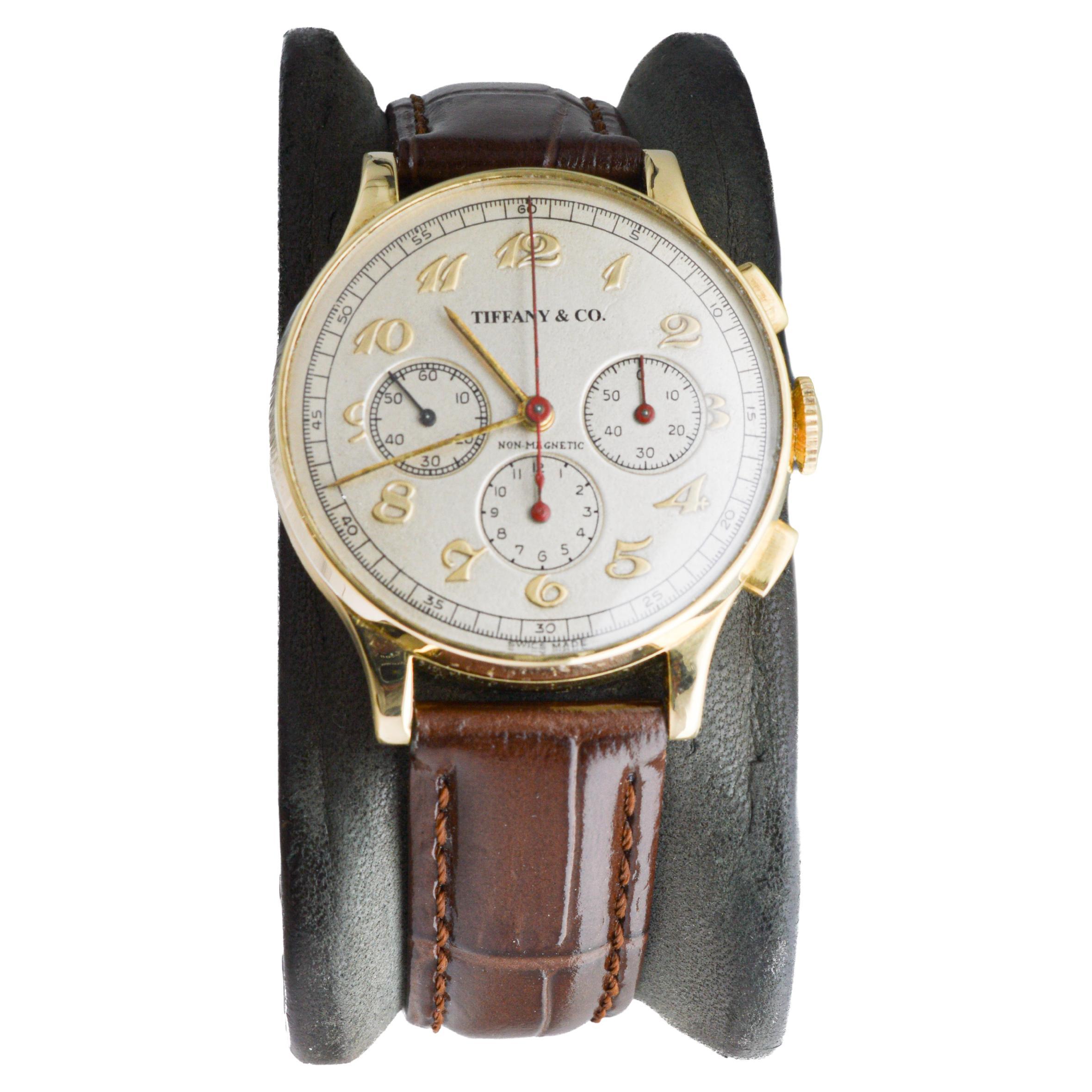 Movado for Tiffany & Co 14Kt Solid Gold Rare Chronograph circa 1930's In Excellent Condition For Sale In Long Beach, CA