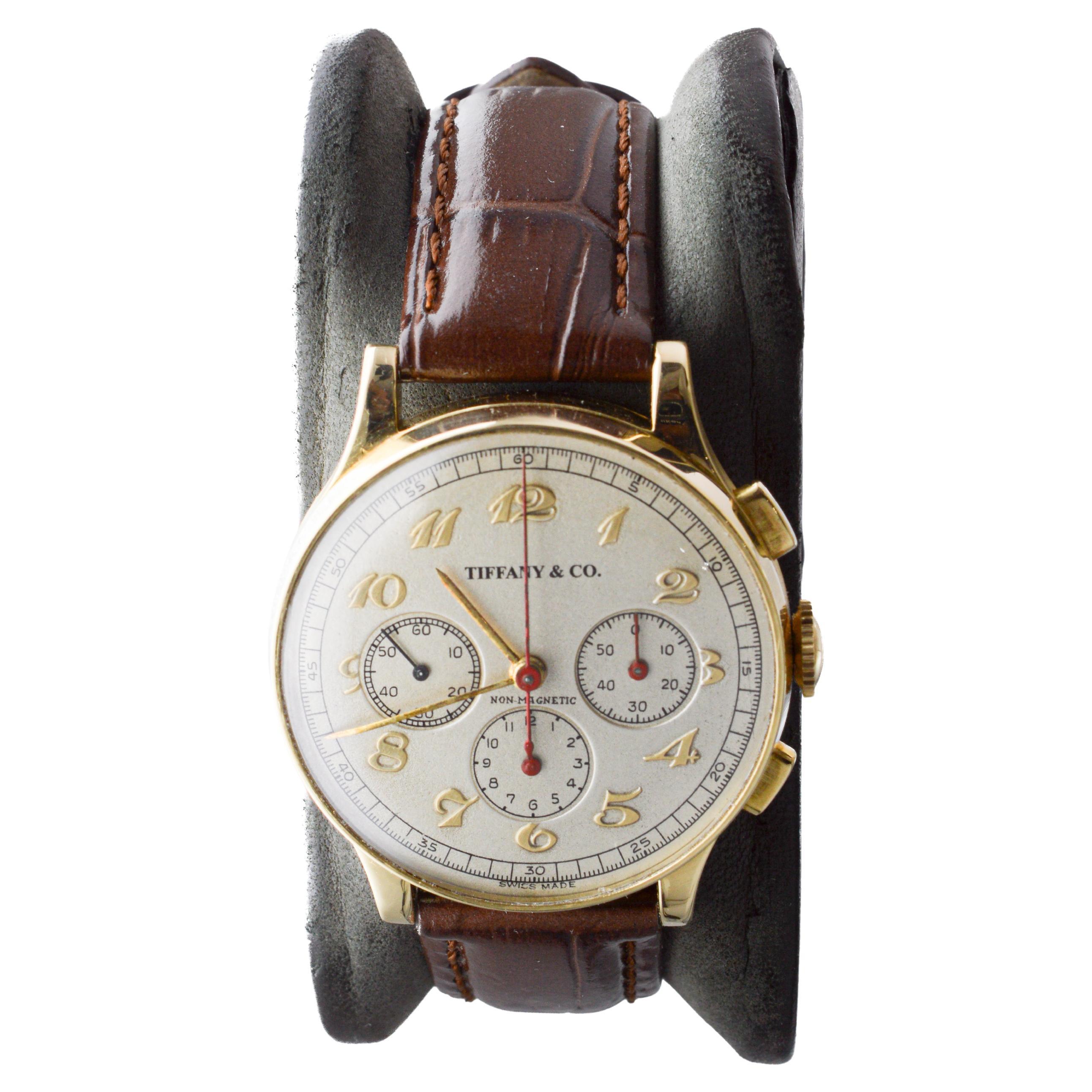Women's or Men's Movado for Tiffany & Co 14Kt Solid Gold Rare Chronograph circa 1930's For Sale
