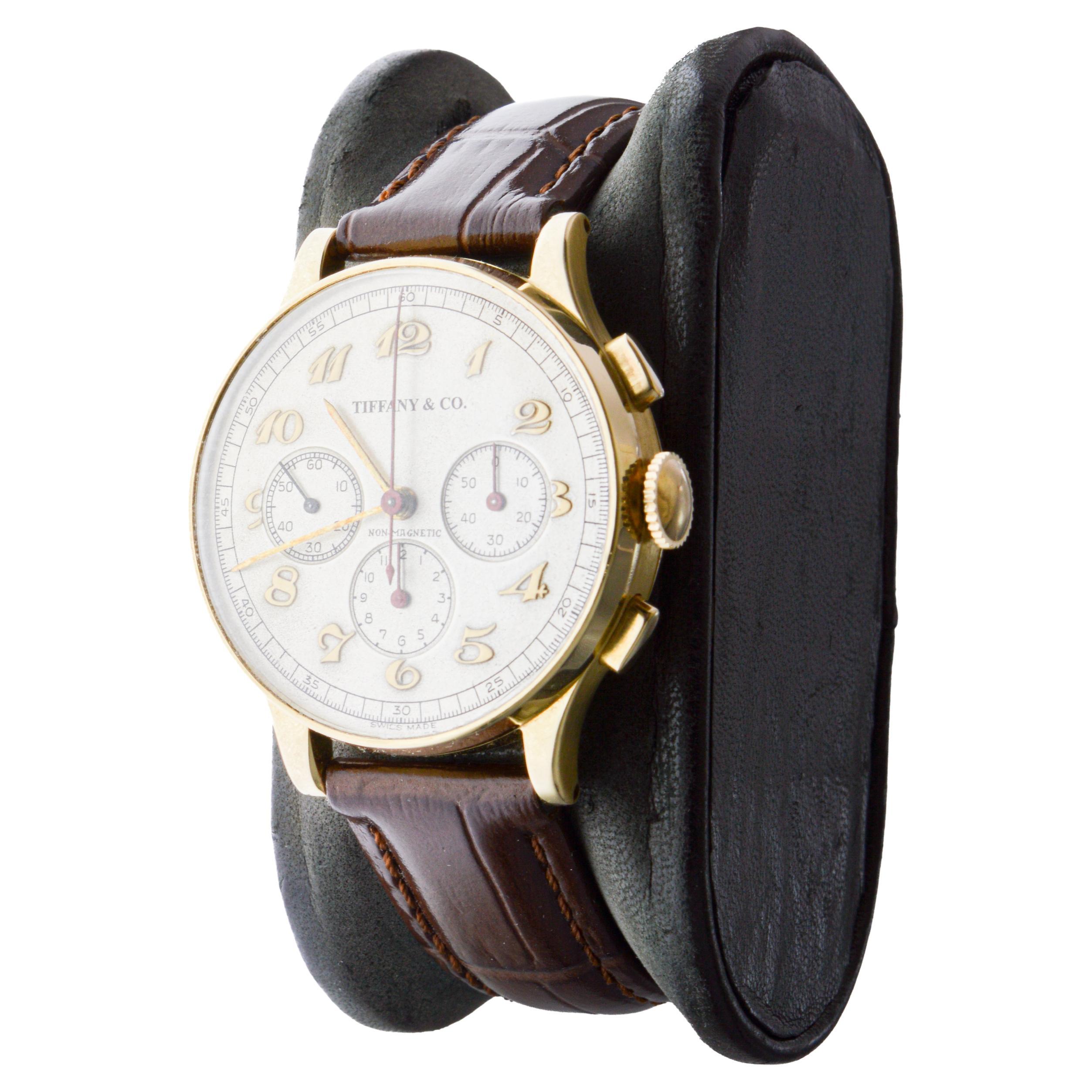 Movado for Tiffany & Co 14Kt Solid Gold Rare Chronograph circa 1930's For Sale 1