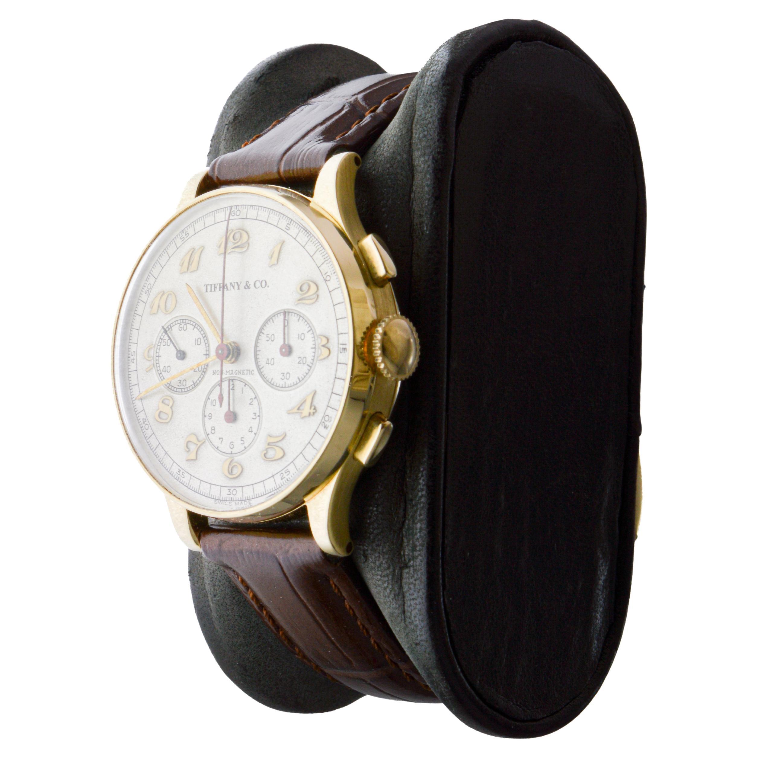 Movado for Tiffany & Co 14Kt Solid Gold Rare Chronograph circa 1930's For Sale 2