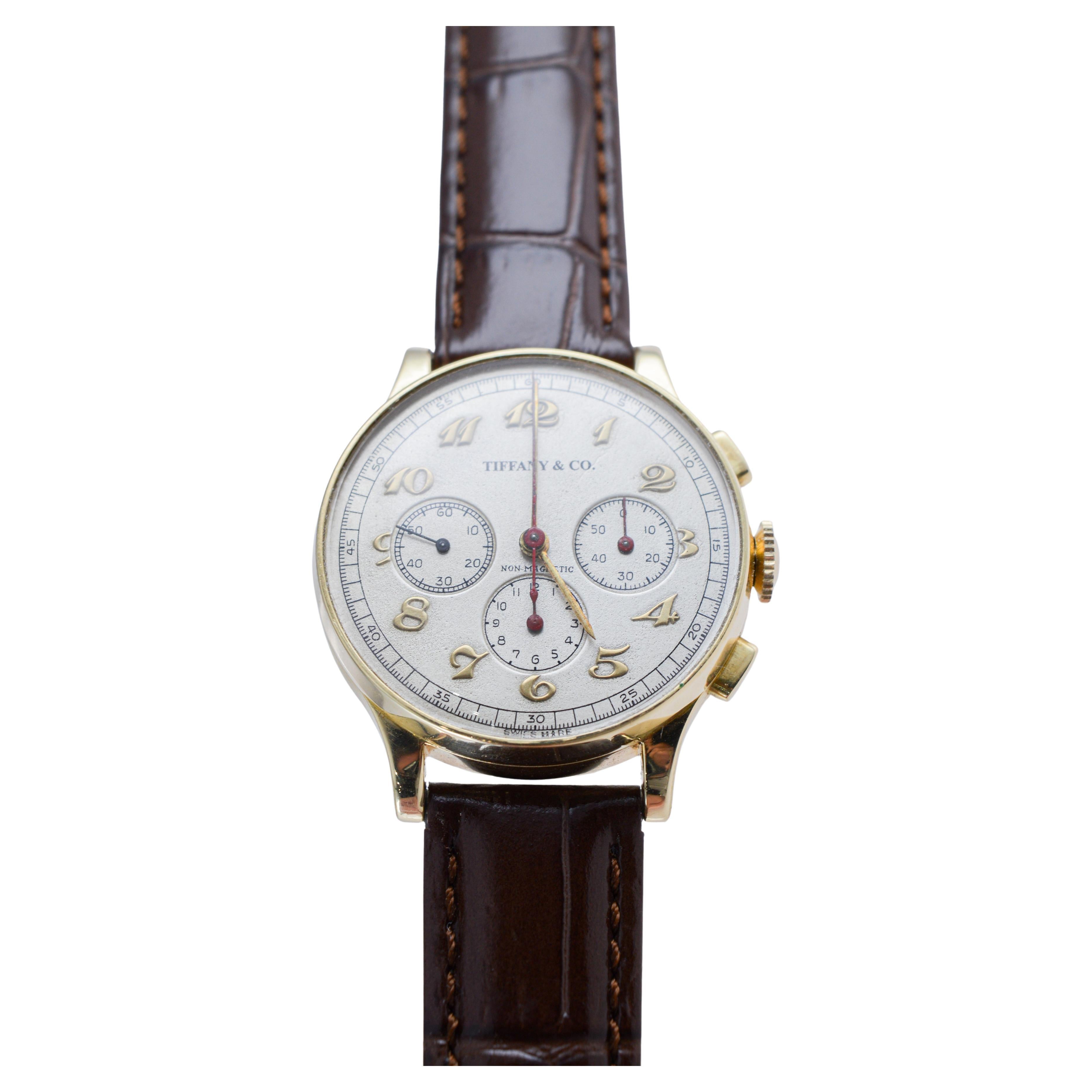 Movado for Tiffany & Co 14Kt Solid Gold Rare Chronograph circa 1930's For Sale 3