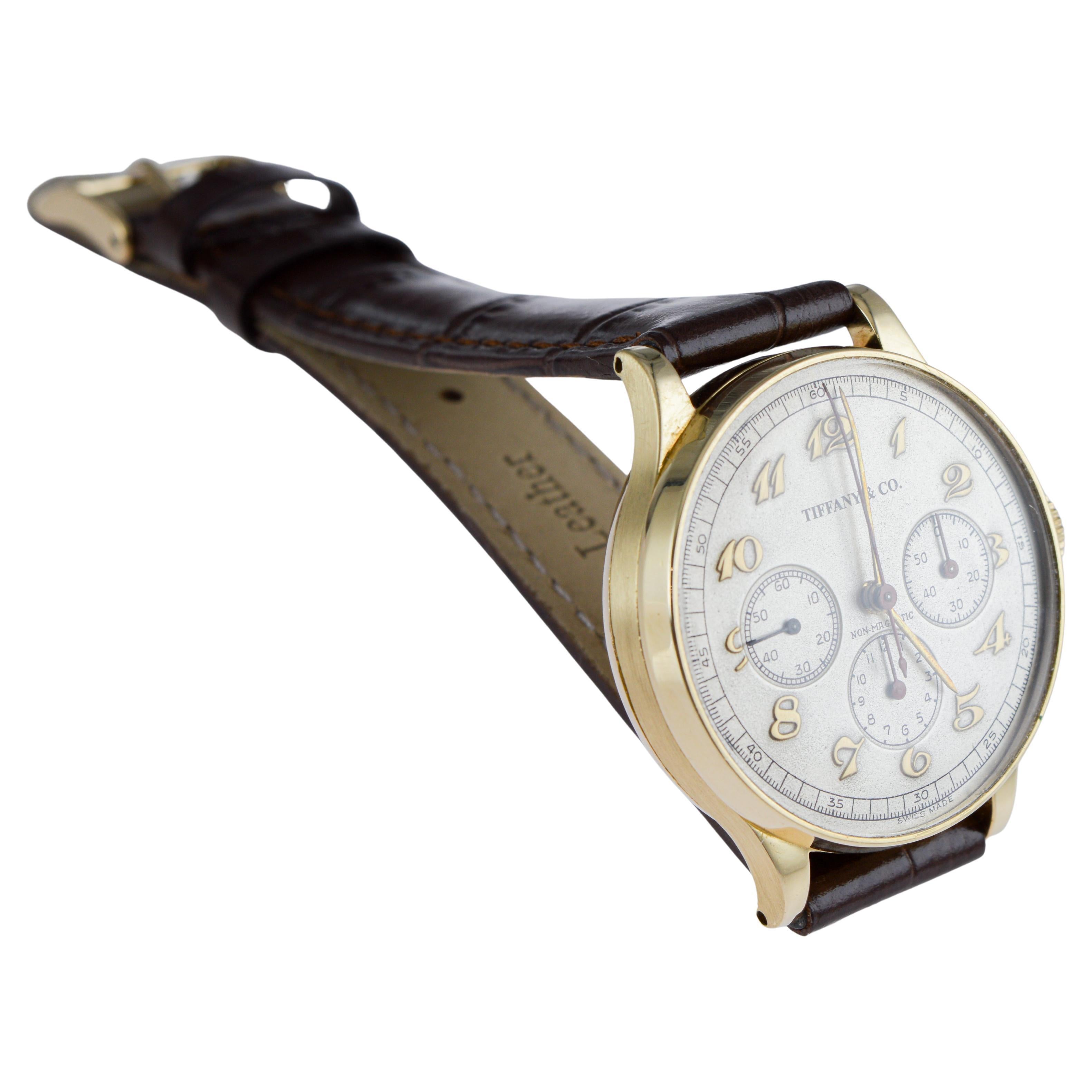 Movado for Tiffany & Co 14Kt Solid Gold Rare Chronograph circa 1930's For Sale 4