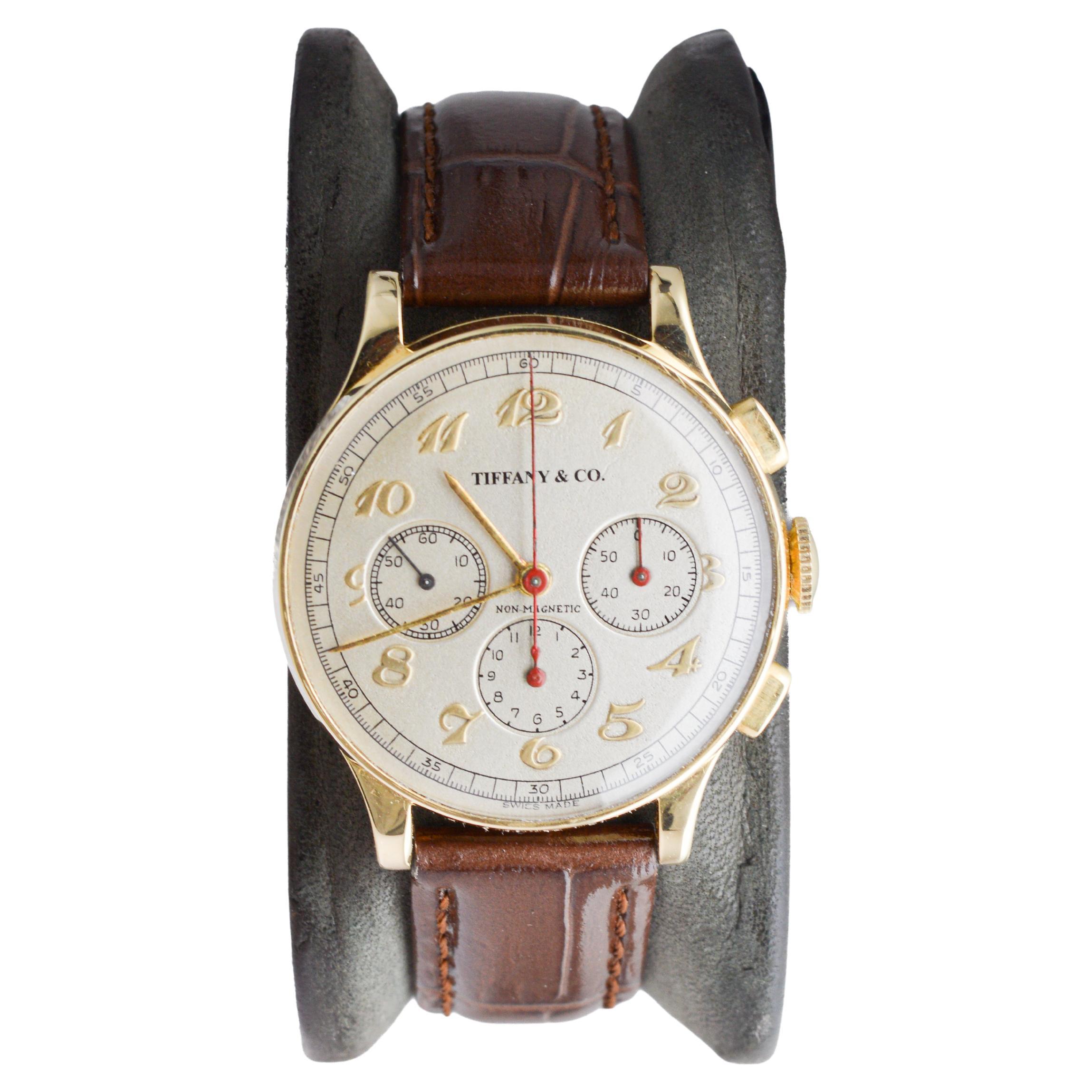 Movado for Tiffany & Co 14Kt Solid Gold Rare Chronograph circa 1930's For Sale