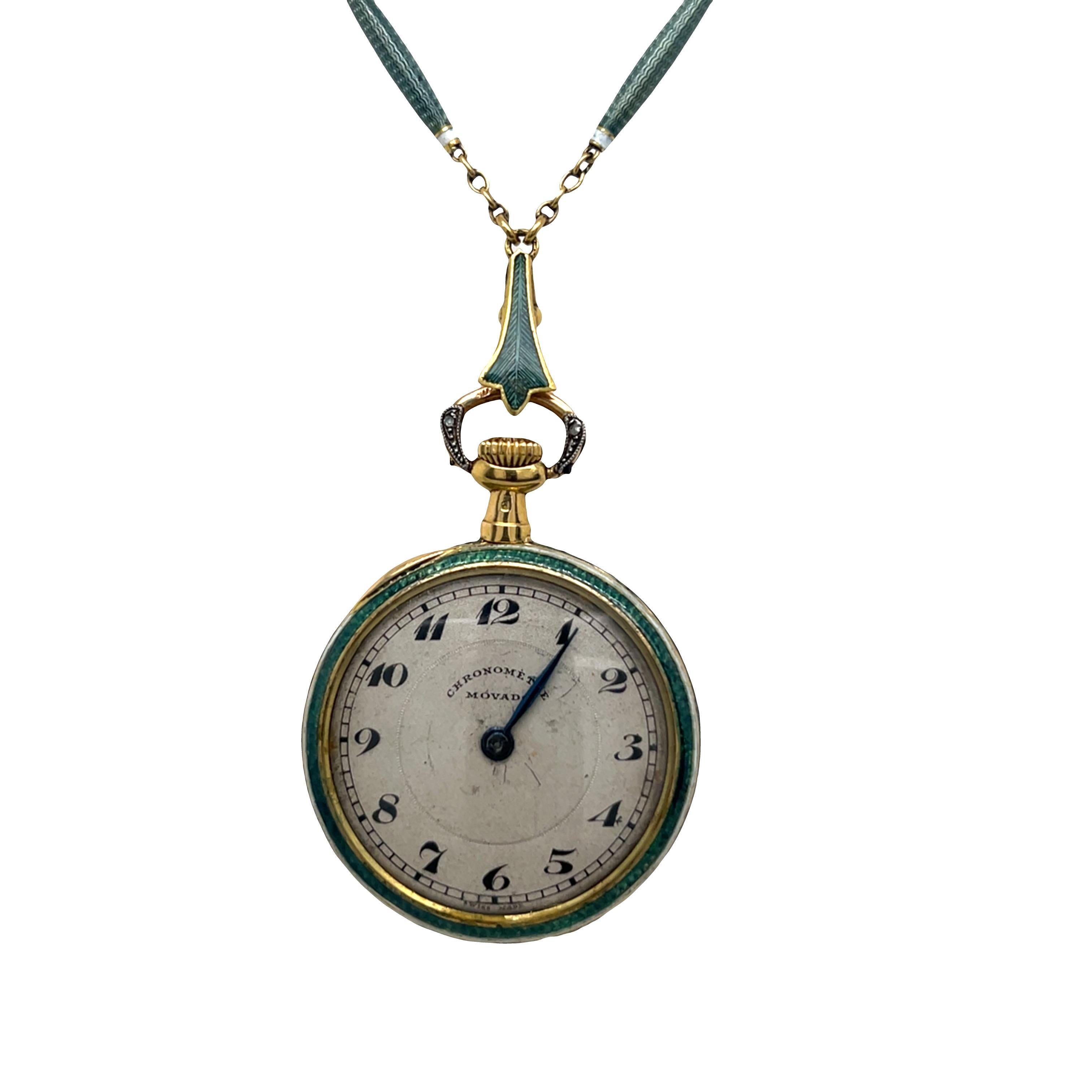 Movado Damen und Emaille Taschenuhr, um 1925, alle in 18ct Gold im Angebot 3