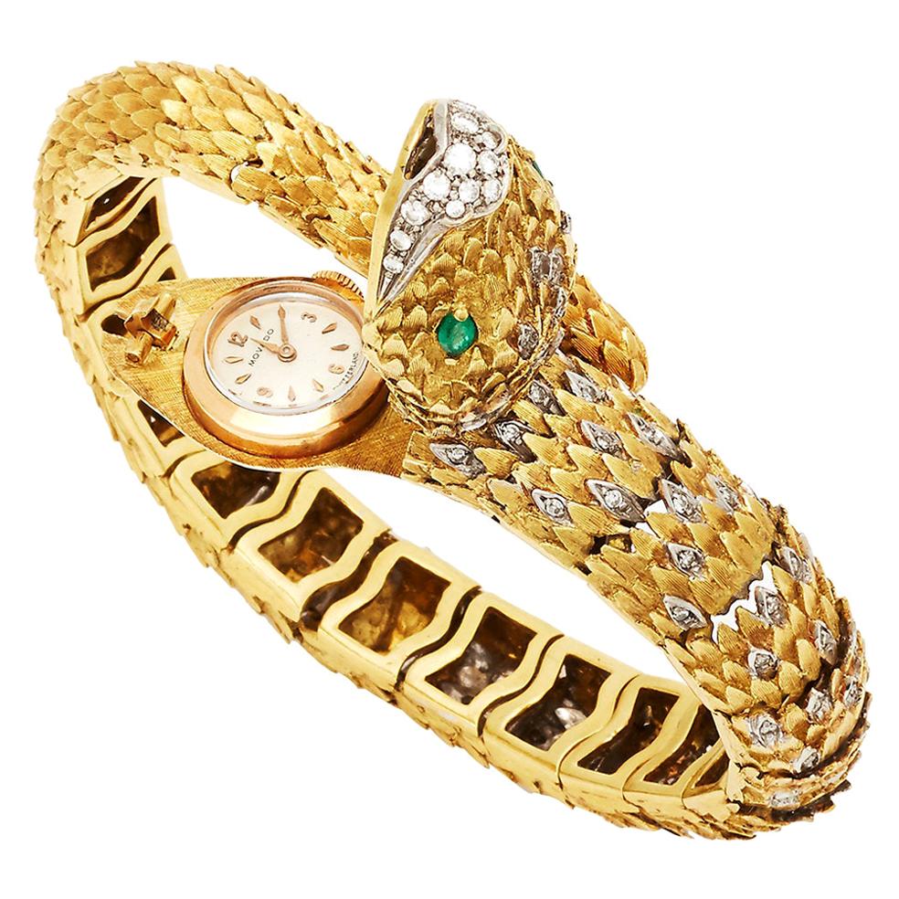 Movado Gold Diamond Emerald Bracelet Snake Wristwatch For Sale