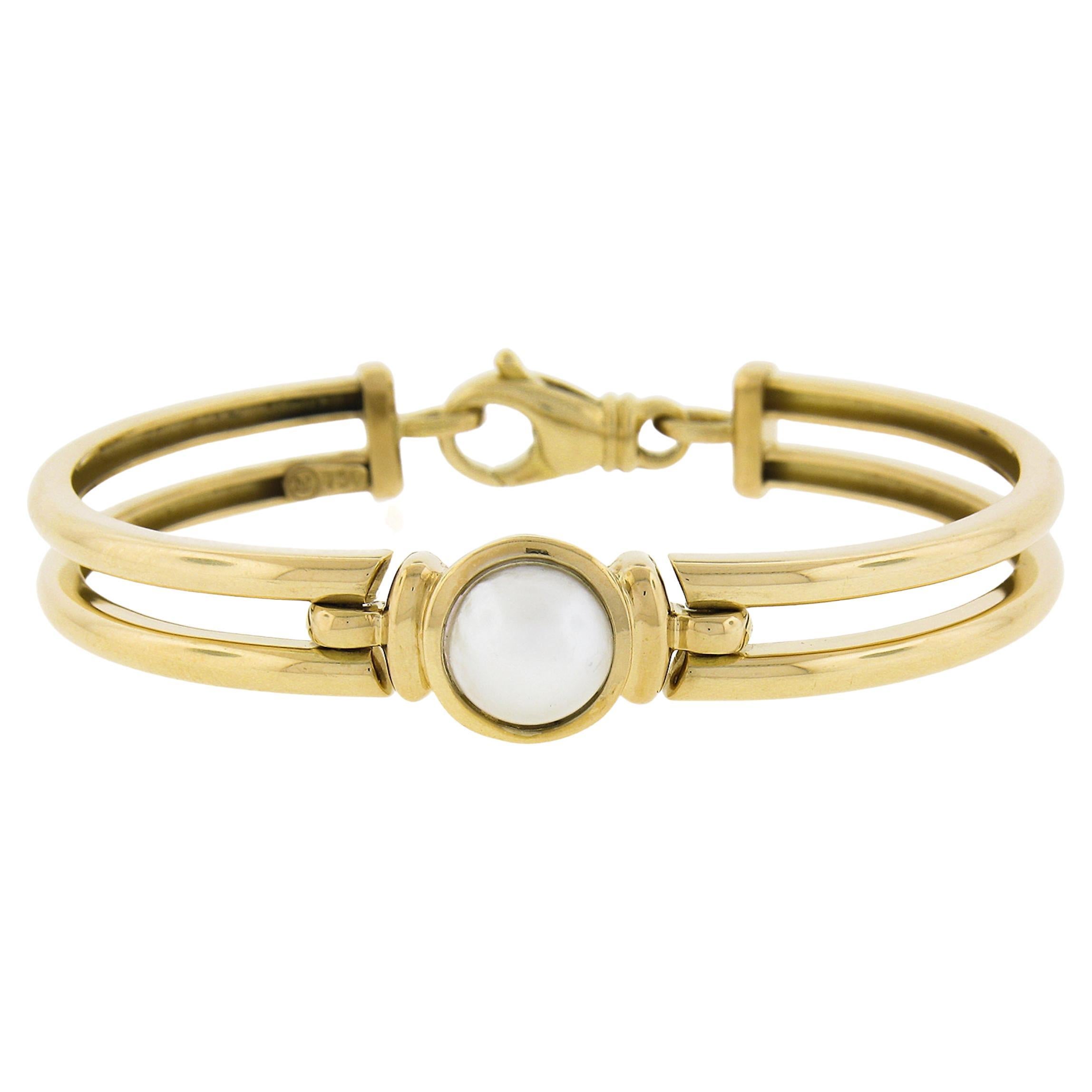 Movado Harmony 18k Gold 6.75" Wire Open Link & Mabe Pearl Bangle Cuff Bracelet For Sale