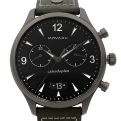Movado Heritage Gunmetal Steel Green Leather Black Dial Quartz Watch 3650029