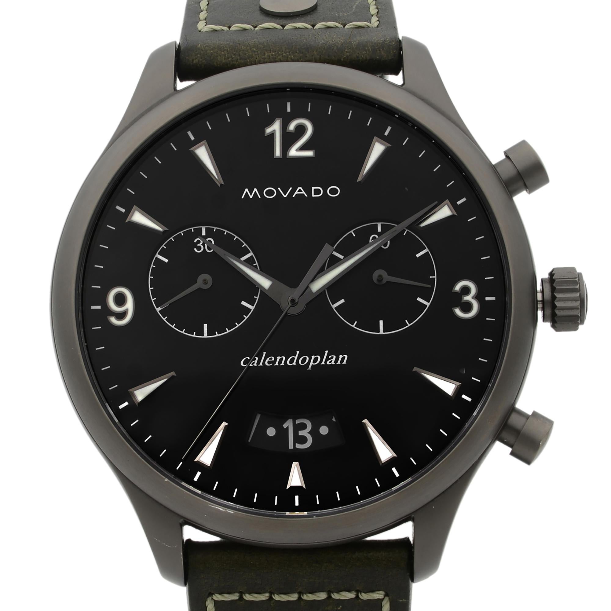 This pre-owned Movado Heritage 3650029 is a beautiful men's timepiece that is powered by quartz (battery) movement which is cased in a stainless steel case. It has a round shape face, chronograph, date indicator, small seconds subdial dial and has