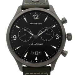 Movado Heritage Gunmetal Steel Green Leather Black Dial Quartz Watch 3650029