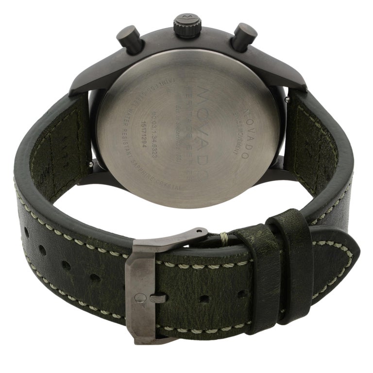 Movado Heritage Gunmetal Steel Green Leather Black Dial Quartz Watch 3650029