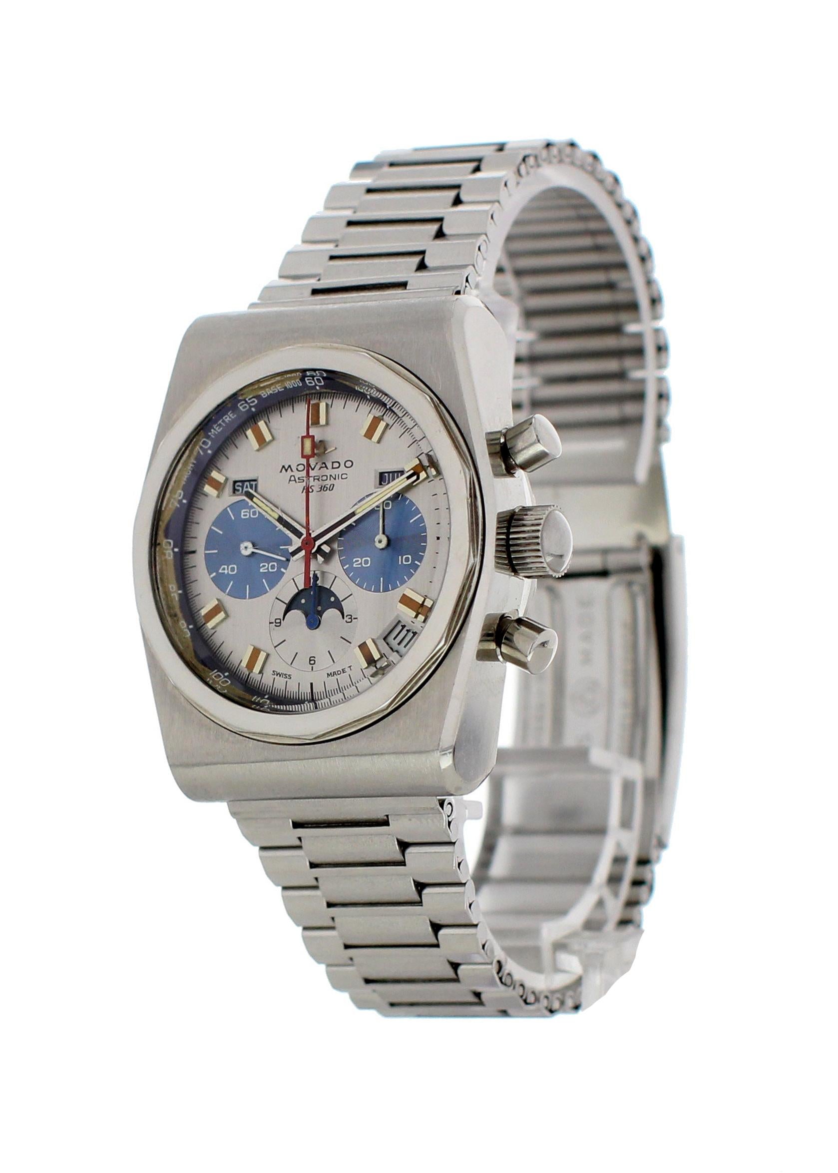 Movado HS 360 Astronic 01.0010.436 Mens Vintage Watch. 38 mm stainless steel case with smooth bezel. Silver dial with steel luminous hands and indexes. Three chronograph subdials displaying minutes seconds and hours. Day date and month display. Moon