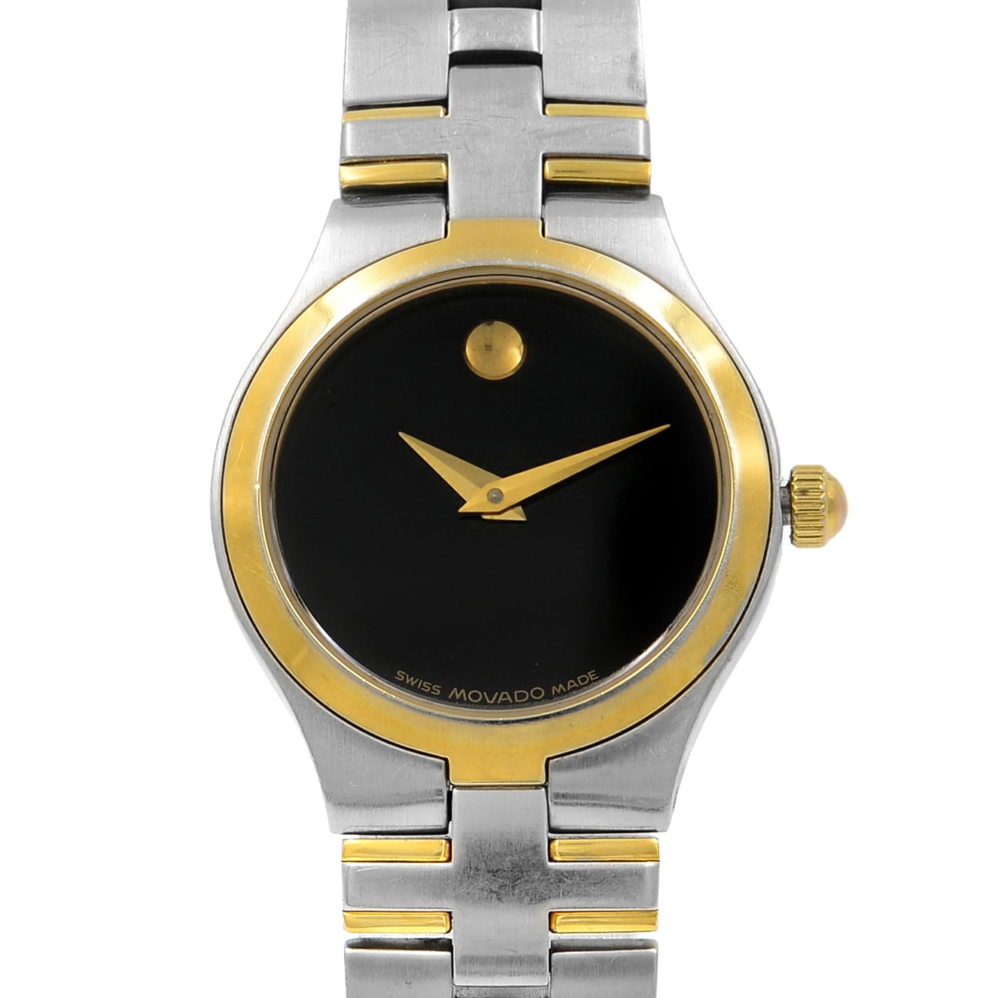 This pre-owned Movado Juro  0605031  is a beautiful Ladies timepiece that is powered by a quartz movement which is cased in a stainless steel case. It has a round shape face, no features dial and has hand unspecified style markers. It is completed