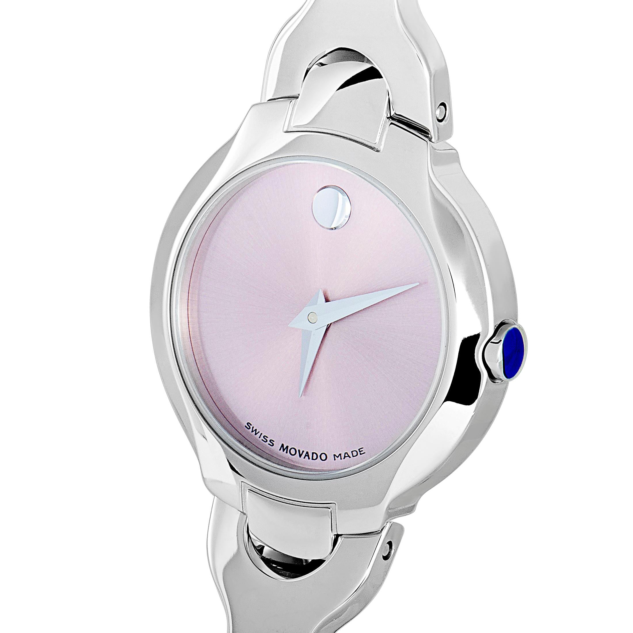 The Kara watch by Movado, reference number 0605284, is powered by a quartz movement and indicates hours and minutes on the pink dial. The watch boasts a case made of stainless steel that is presented on a matching stainless steel bracelet.
Retail