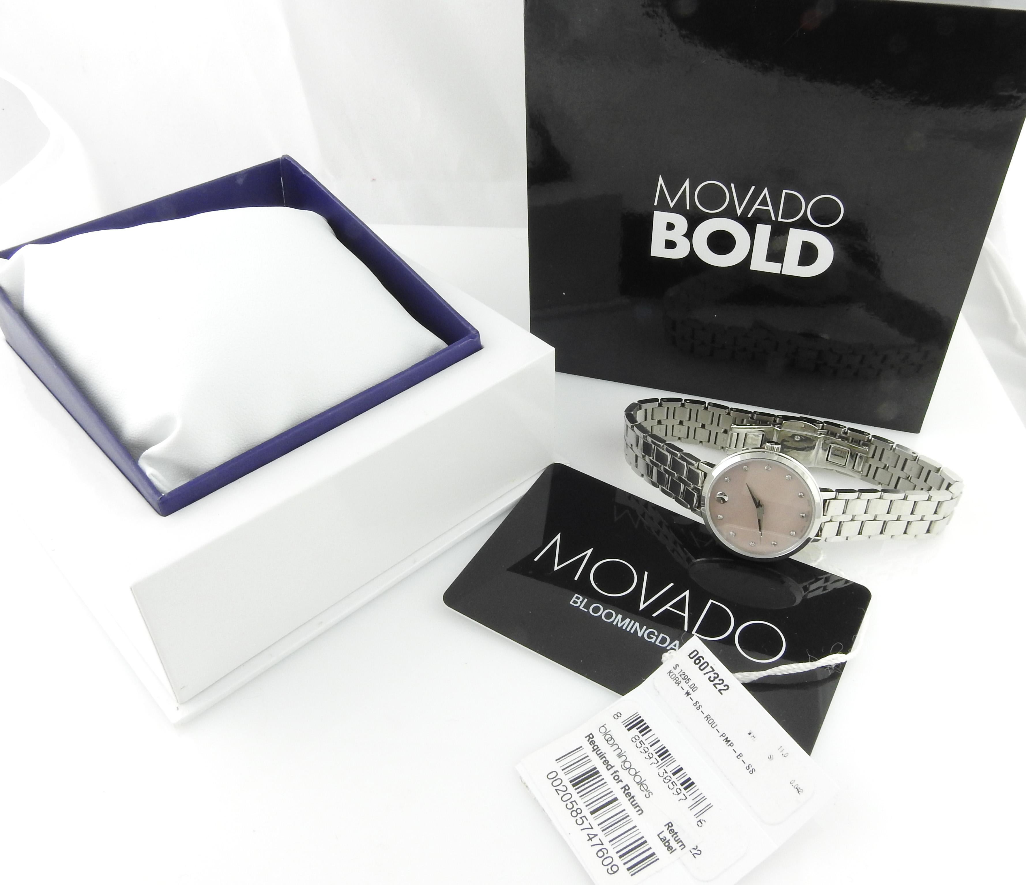Women's or Men's Movado Kora Pink Mother of Pearl Diamond Stainless Steel Ladies Watch