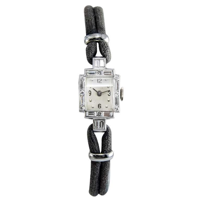 Movado Ladies Platinum Diamond Mid Century Manual Winding Dress Watch For Sale 5