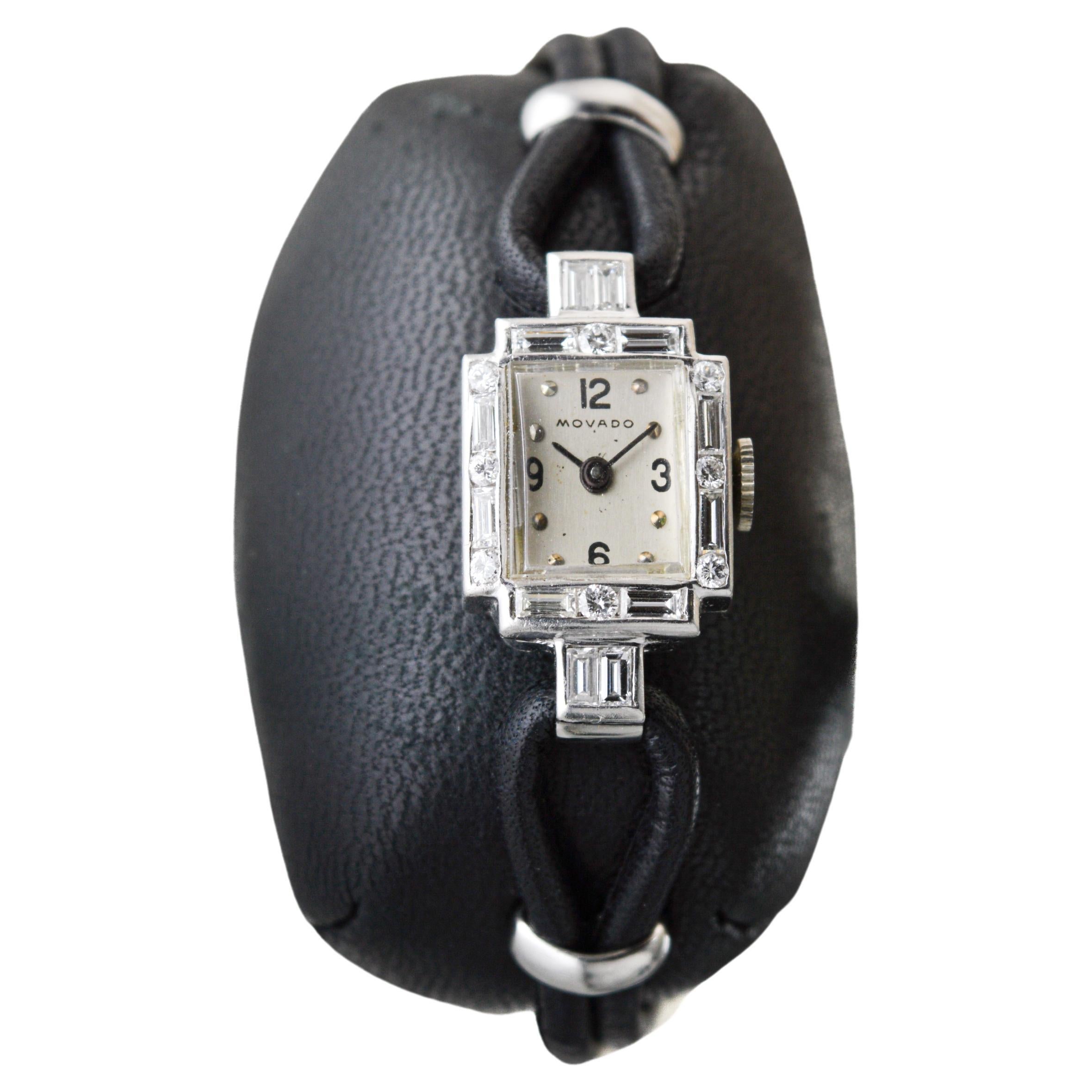 Art Déco Movado Donna Platino Diamante Mid Century Orologio da Abito a Carica Manuale in vendita