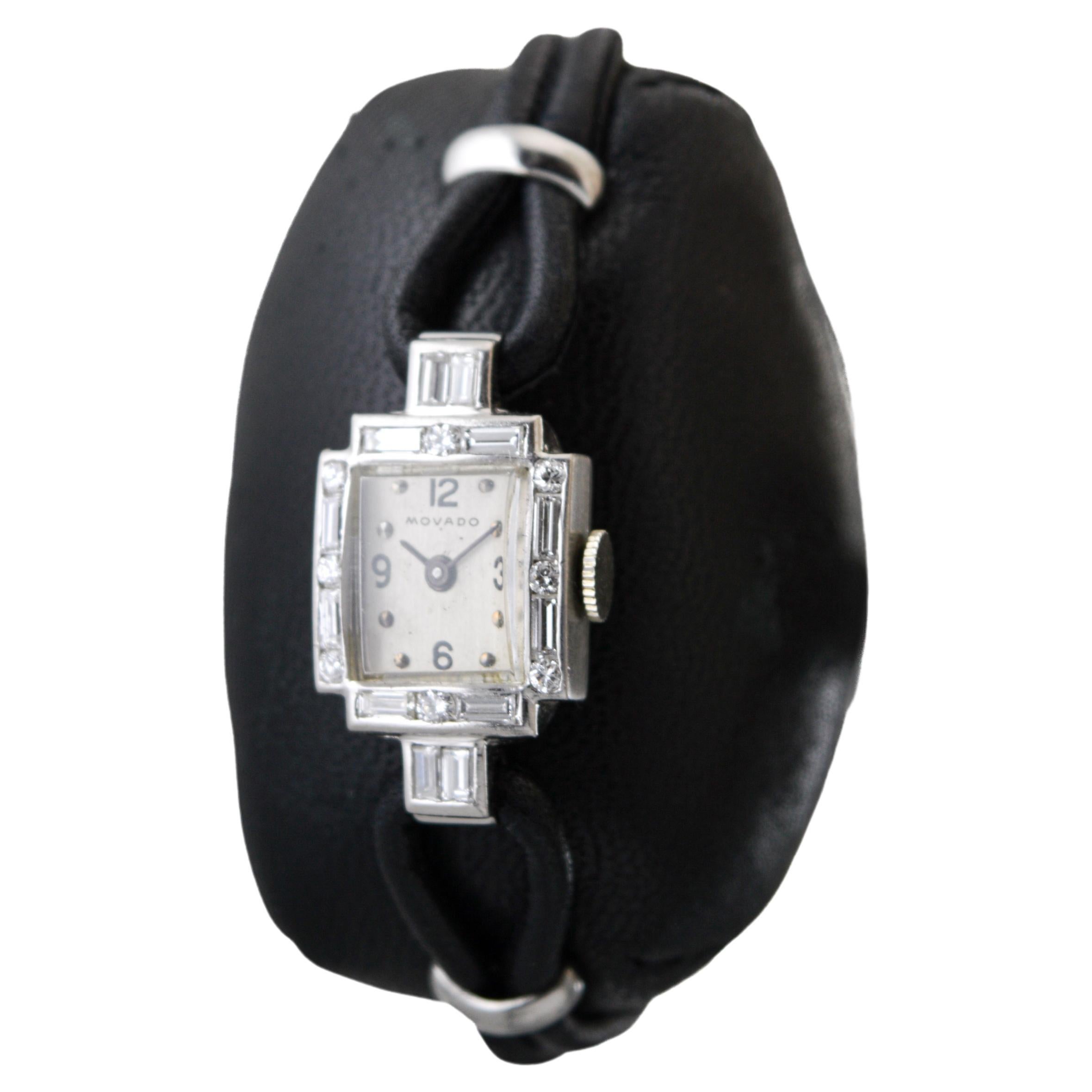 Movado Donna Platino Diamante Mid Century Orologio da Abito a Carica Manuale In condizioni ottime in vendita a Long Beach, CA