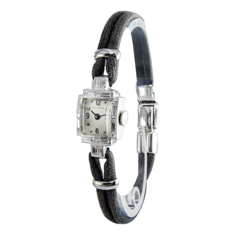 Movado Ladies Platinum Diamond Mid Century Manual Winding Dress Watch For Sale 2