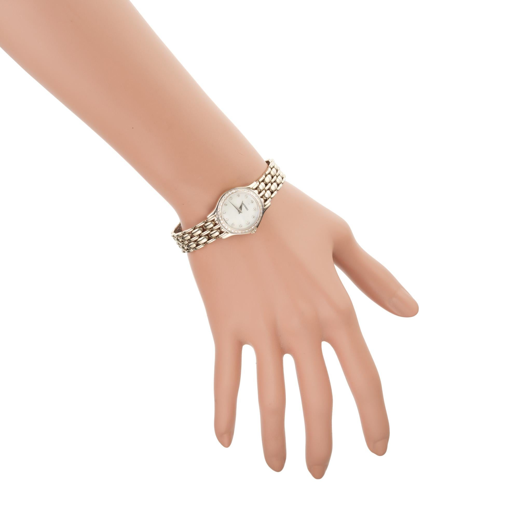 Round Cut Movado Lady's Diamond Bezel White Gold Wristwatch For Sale