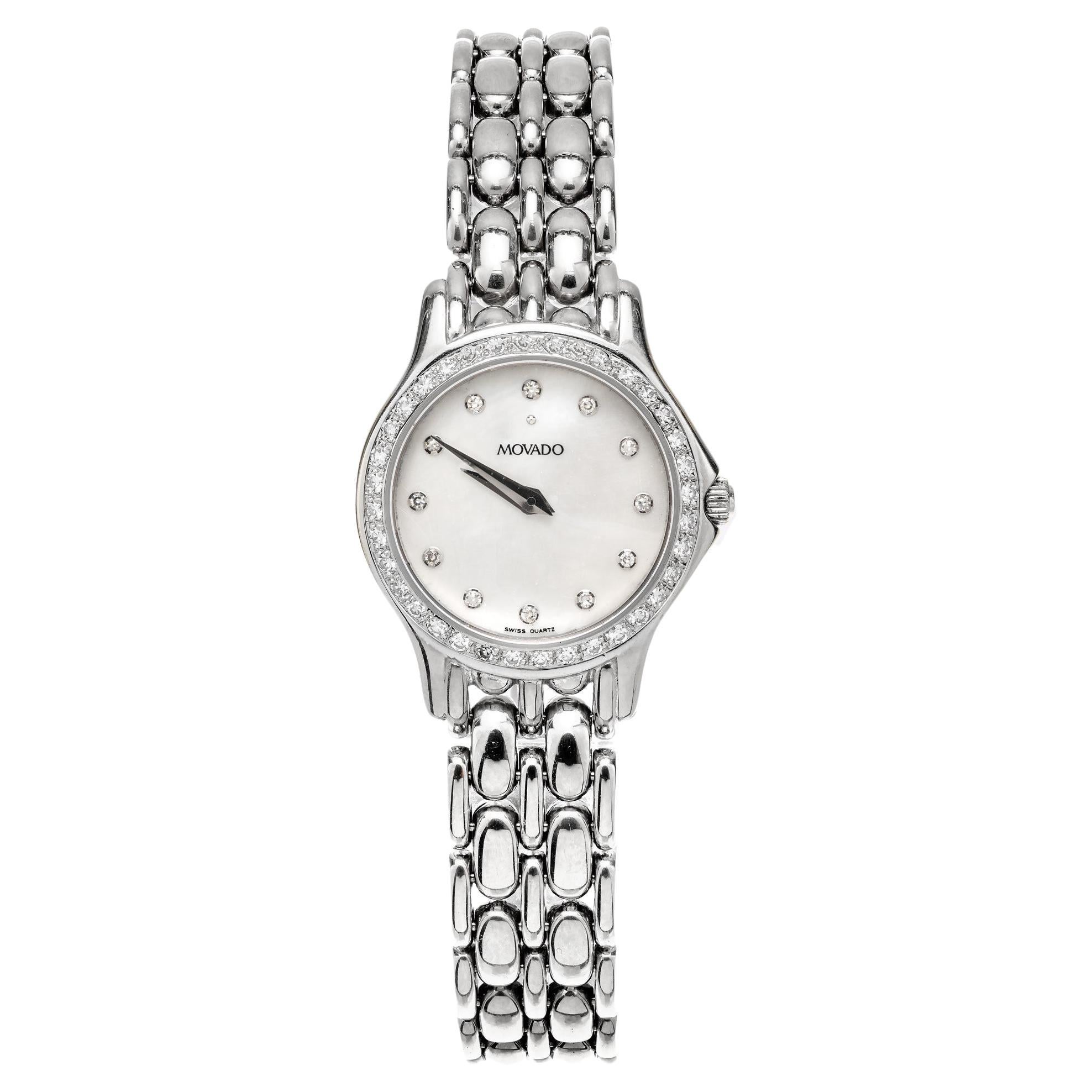 Movado Lady's Diamond Bezel White Gold Wristwatch For Sale
