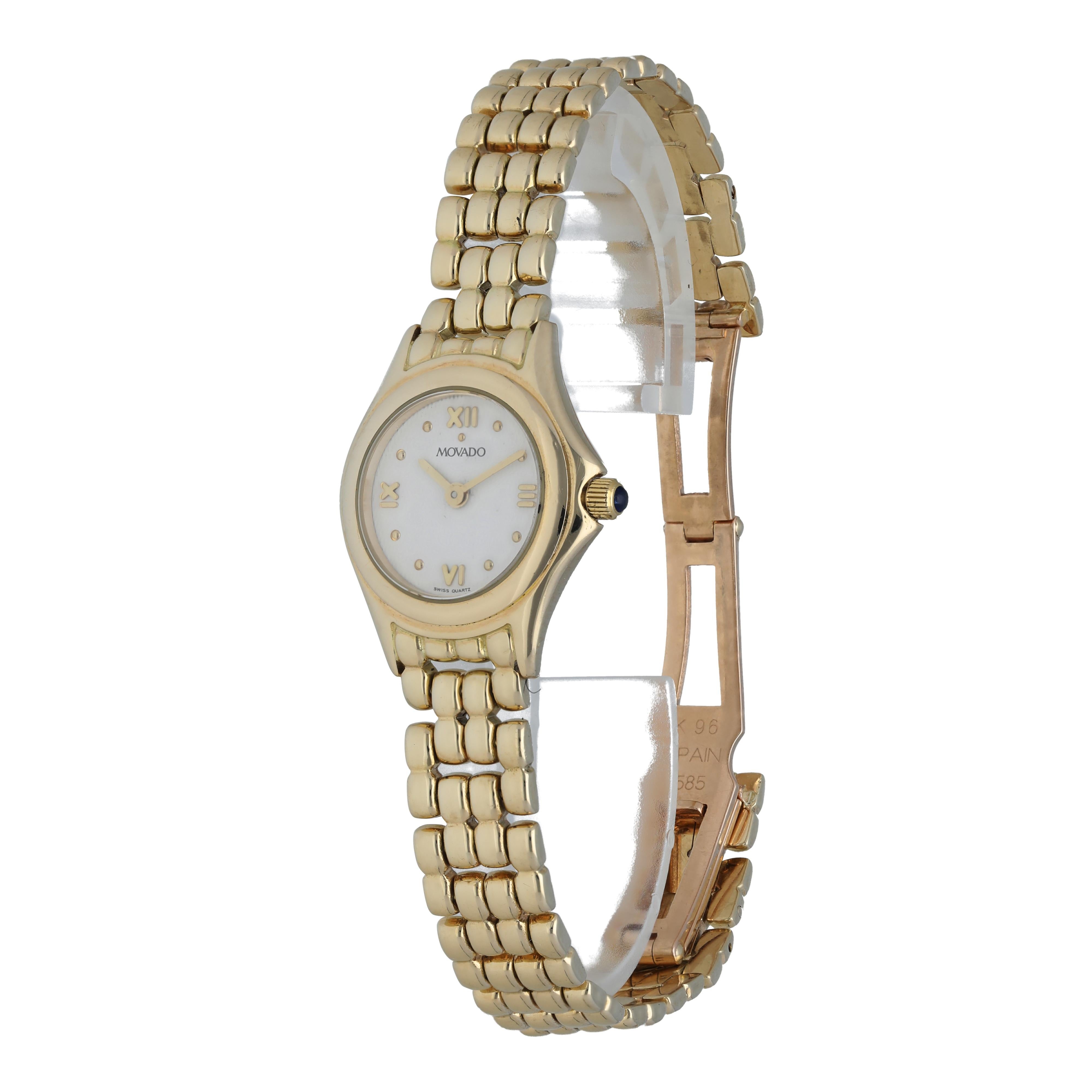 Movado Lumeti 74259811 Ladies Watch. 
20mm Yellow Gold case. 
Yellow Gold smooth bezel. 
White dial with gold hands and Roman numeral hour markers by the 3, 6, 9, and 12 o'clock position. 
Yellow Gold Bracelet with Butterfly Clasp. 
Will fit up to a
