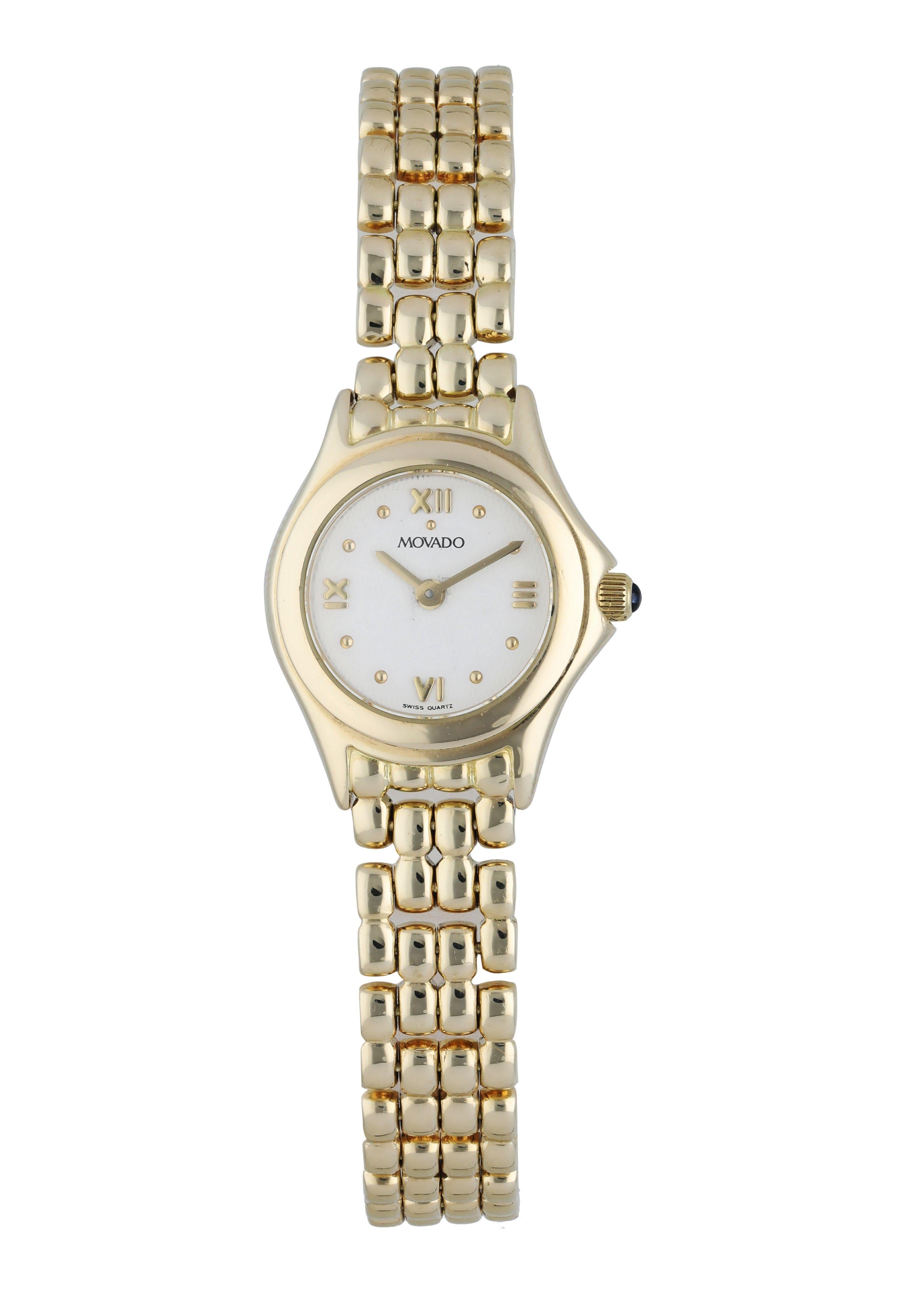  Movado Lumeti 74259811 Ladies Watch. 
 20mm Yellow Gold case. 
 Yellow Gold smooth bezel. 
 White dial with gold hands and Roman numeral hour markers by the 3, 6, 9, and 12 o'clock position. 
 Yellow Gold Bracelet with Butterfly Clasp. 
 Will fit