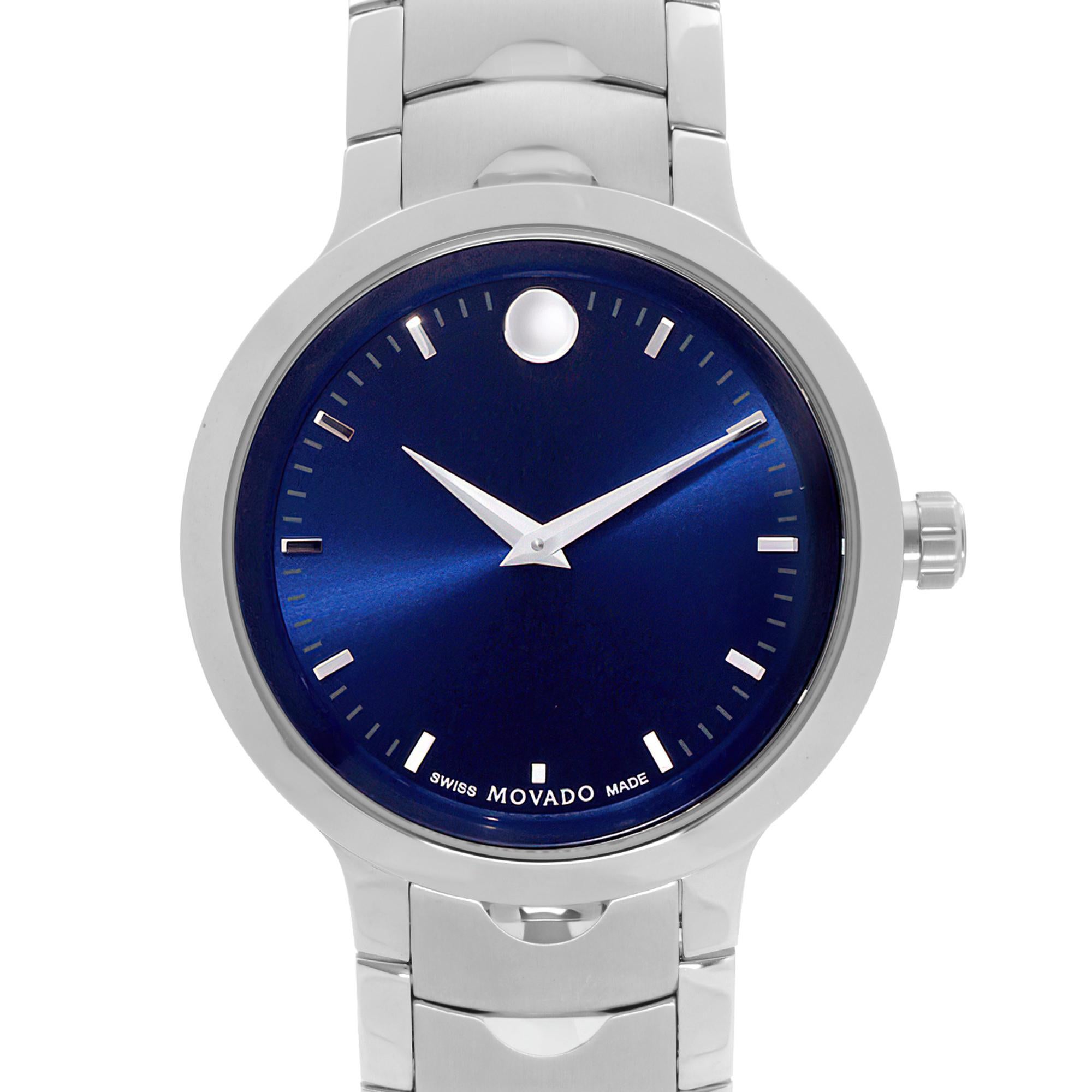 New Movado Luno 0607042. This Beautiful Timepiece Features: Stainless Steel Case and Bracelet. Blue Soleil Dial with Silver-Tone Hands, And Index Hour Markers. Original Box and Papers are Included. Covered by 1-year Chronostore Warranty.
Brand