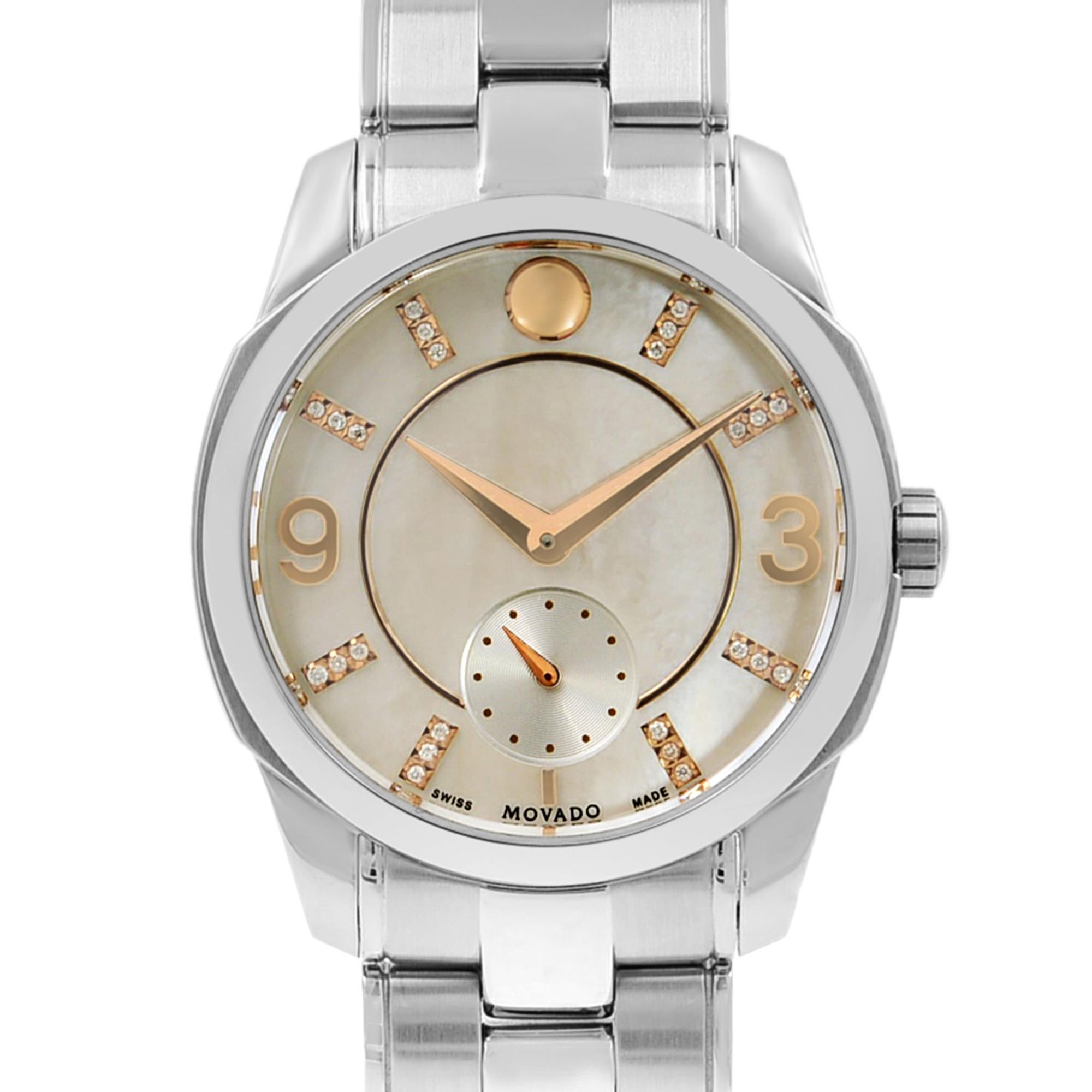 This pre-owned Movado LX 0606619 is a beautiful Ladie's timepiece that is powered by quartz (battery) movement which is cased in a stainless steel case. It has a round shape face, diamonds, small seconds subdial dial and has hand sticks & numerals